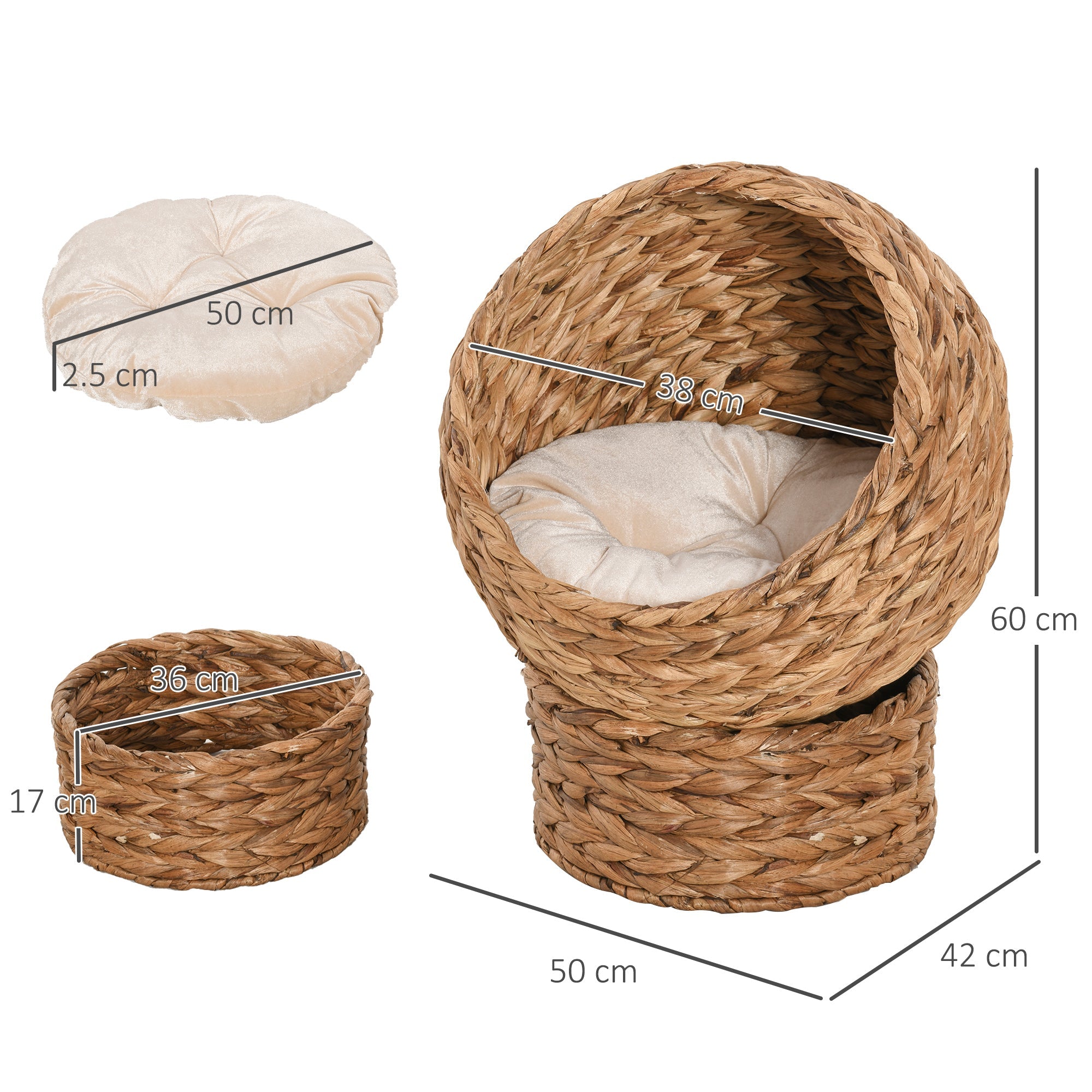 Wicker Cat Bed, Raised Rattan Cat Basket with Cylindrical Base, Soft Washable Cushion, Brown, 50 x 42 x 60 cm-2