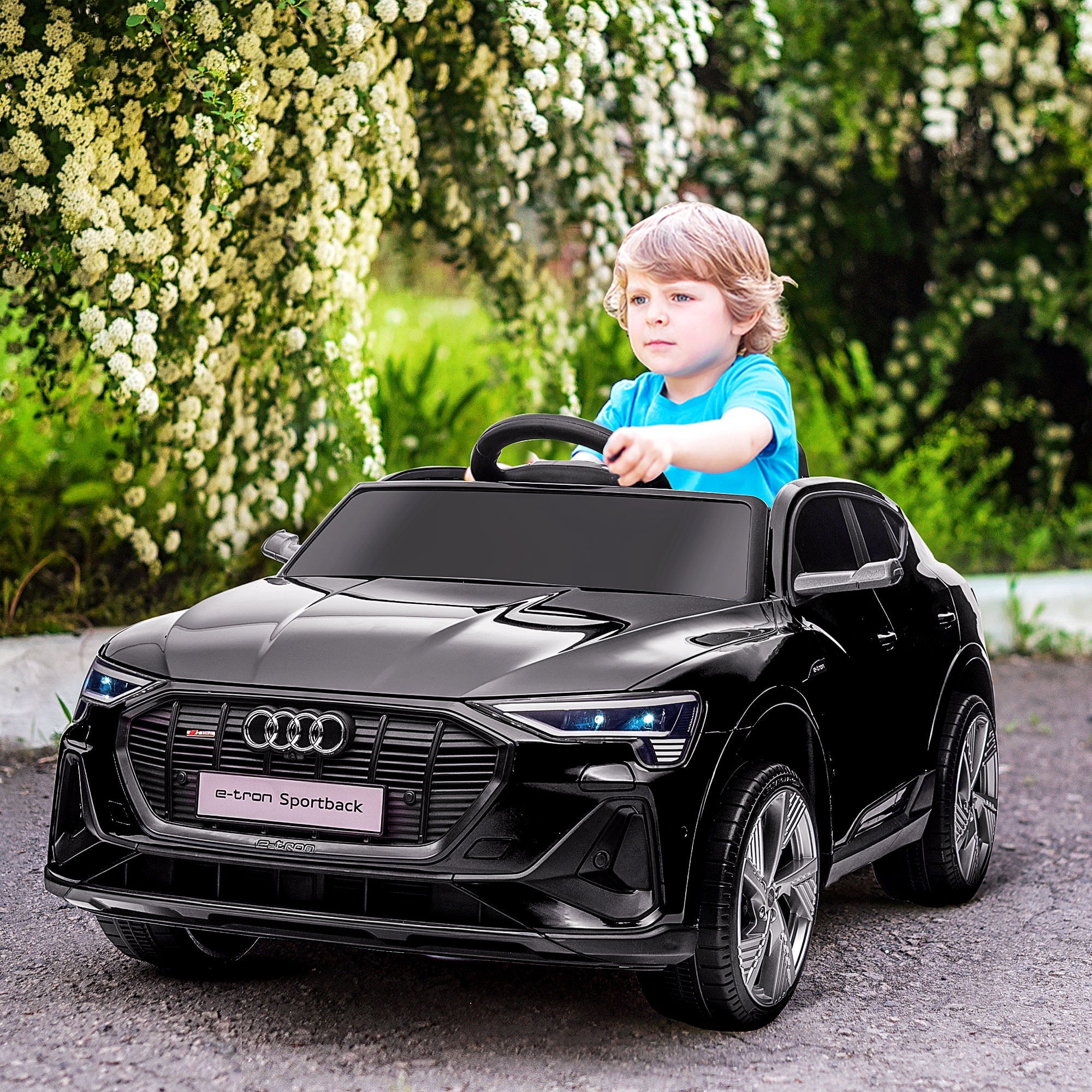 12V Audi E-tron Licensed Ride On Car, Two Motors Battery Powered Toy with Remote Control, Lights, Music, Horn, Black-1