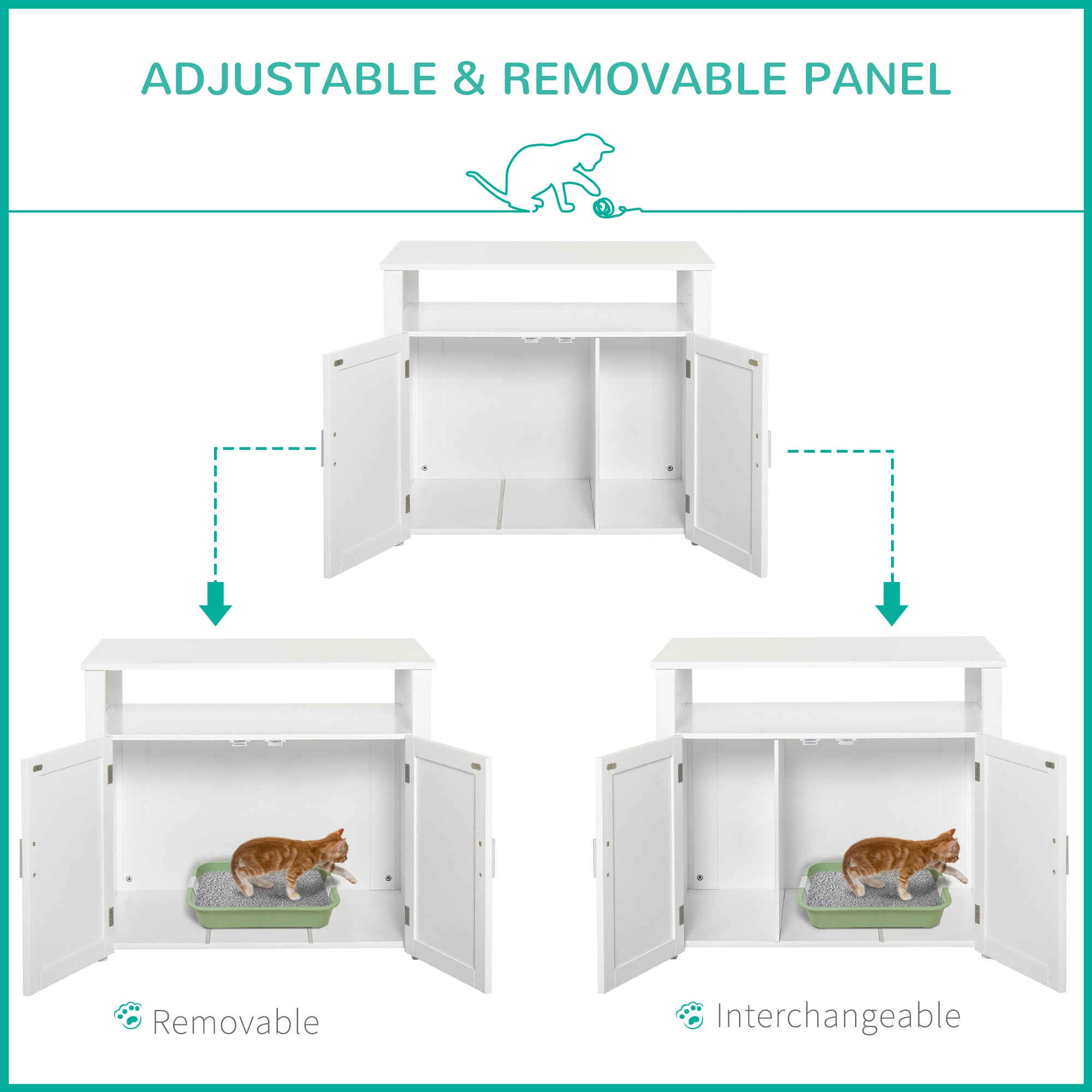 Wooden Cat Litter Box Enclosure Furniture with Adjustable Interior Wall & Large Tabletop for Nightstand, White-4