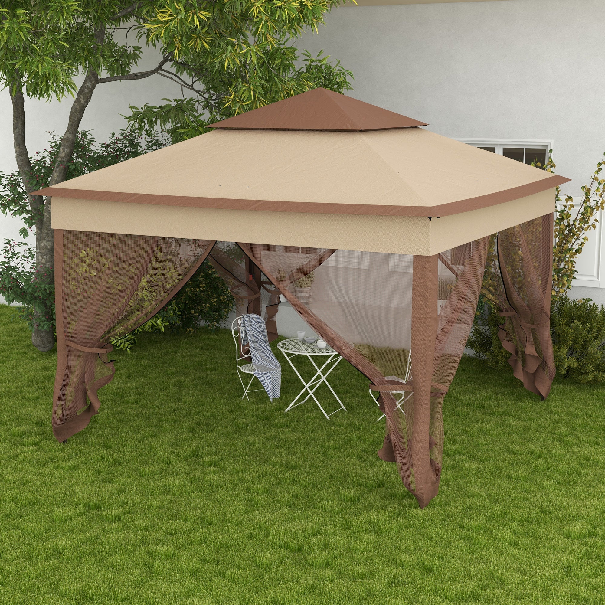 3 x 3(m) Pop Up Gazebo, Double-roof Garden Tent with Netting and Carry Bag, Party Event Shelter for Outdoor Patio, Khaki-1