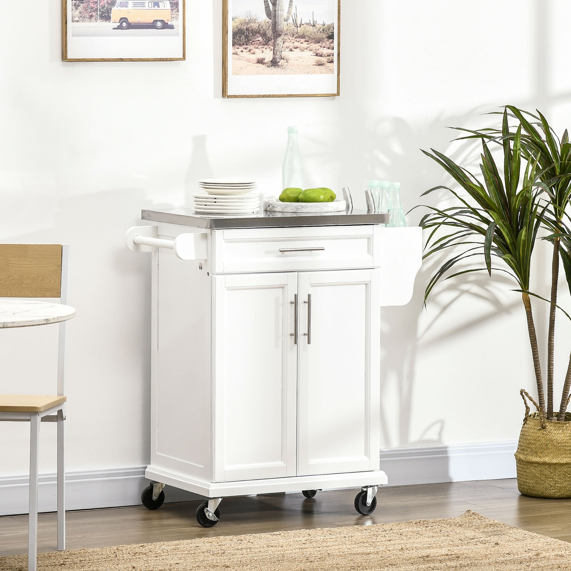 White Wooden Freestanding Kitchen Island on Wheels, Serving Cart Storage Trolley with Stainless Steel Top, Drawer, Side Handle and Rack-1