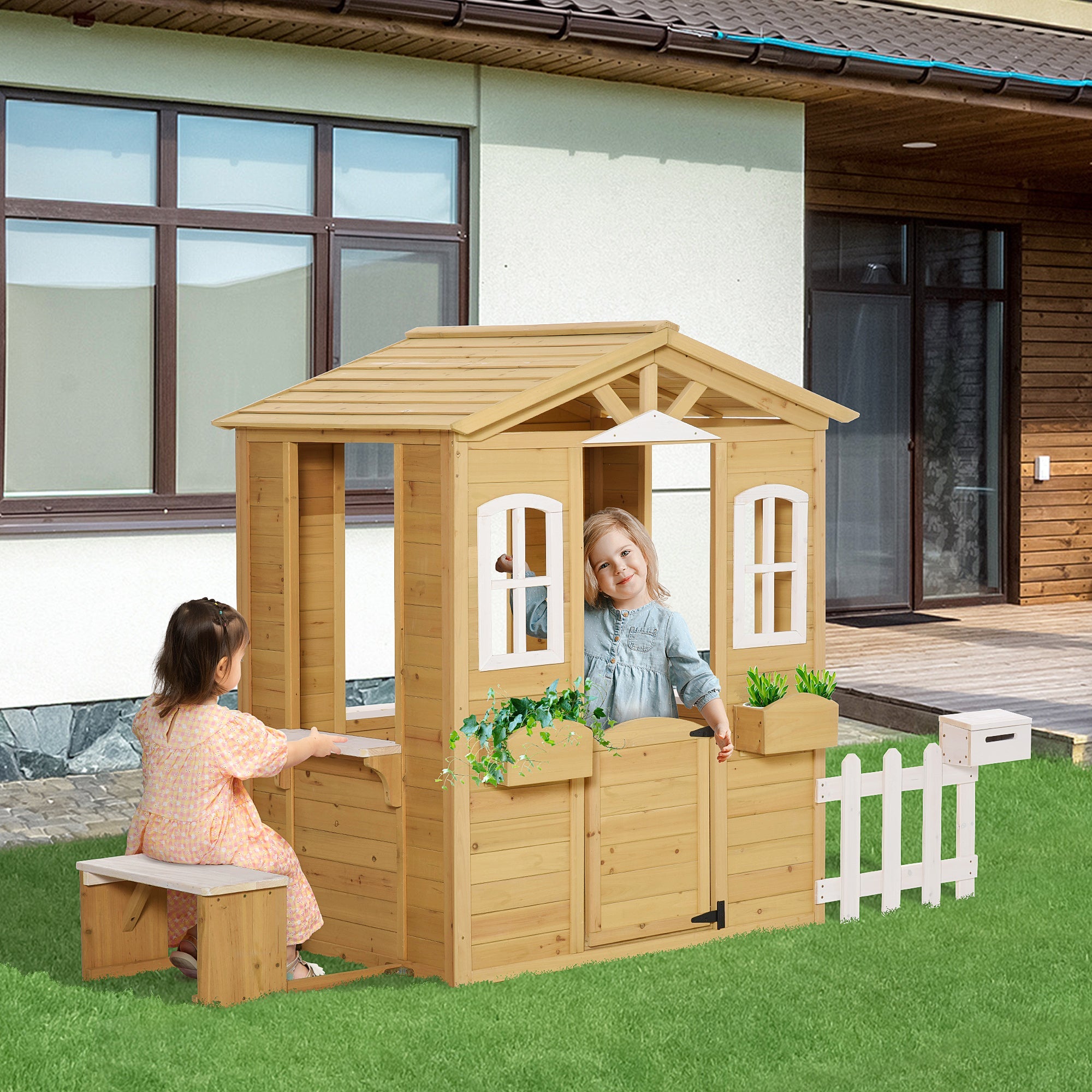 Wooden Playhouse for Outdoor with Door Windows Mailbox Flower Pot Holder Serving Station Bench for Kids Children Toddlers Natural-1