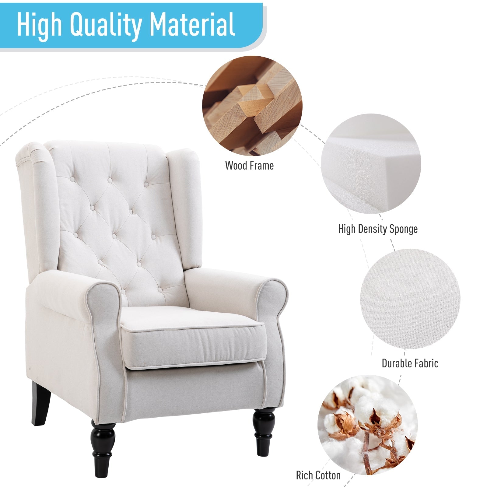 Wingback Accent Chair, Retro Upholstered Button Tufted Occasional Chair for Living Room and Bedroom, Cream White-4