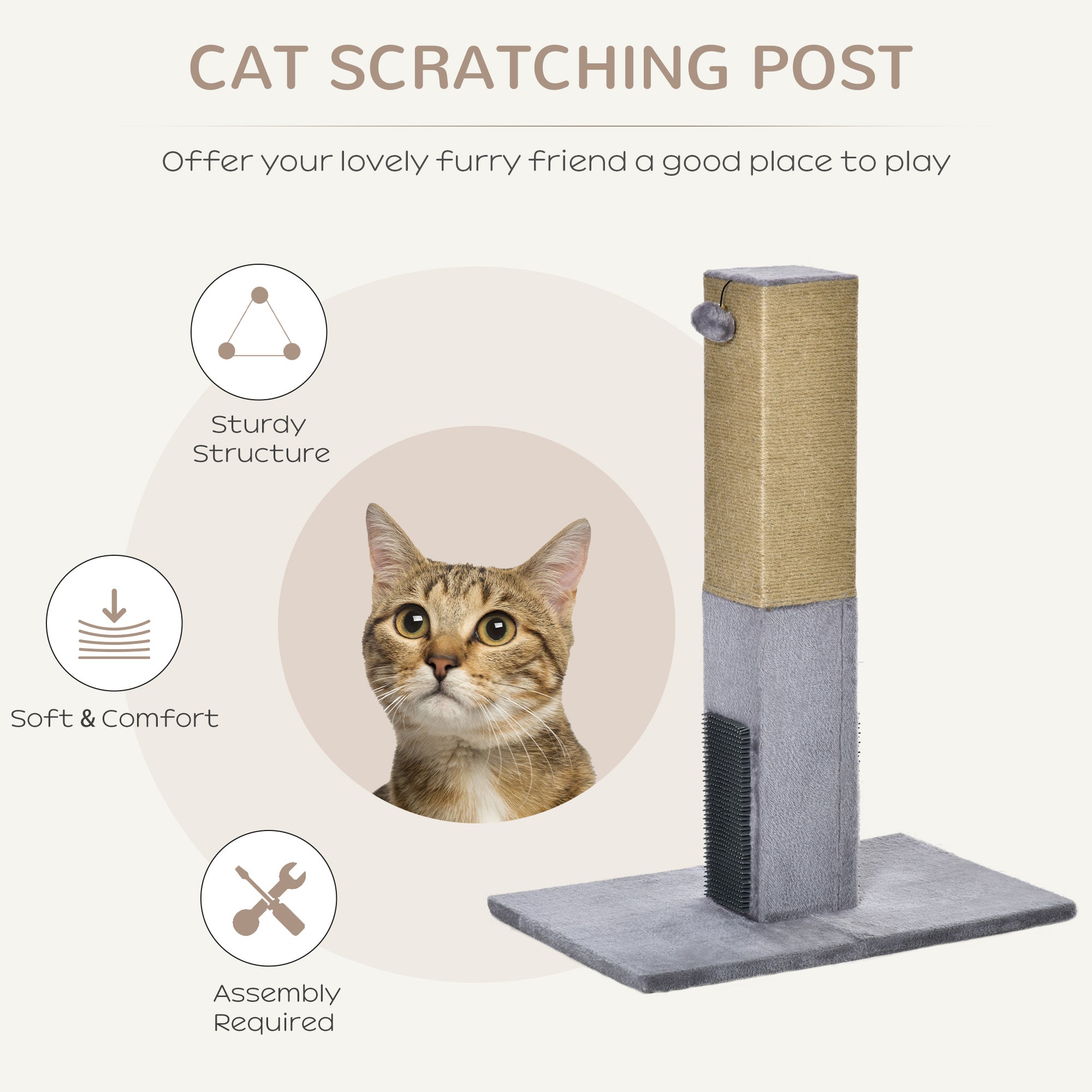 Cat Scratching Post, 79cm Tall Jute Scratcher Climber, Cat Tree Activity Center with Carpet Base, Dangling Ball, Grey-3