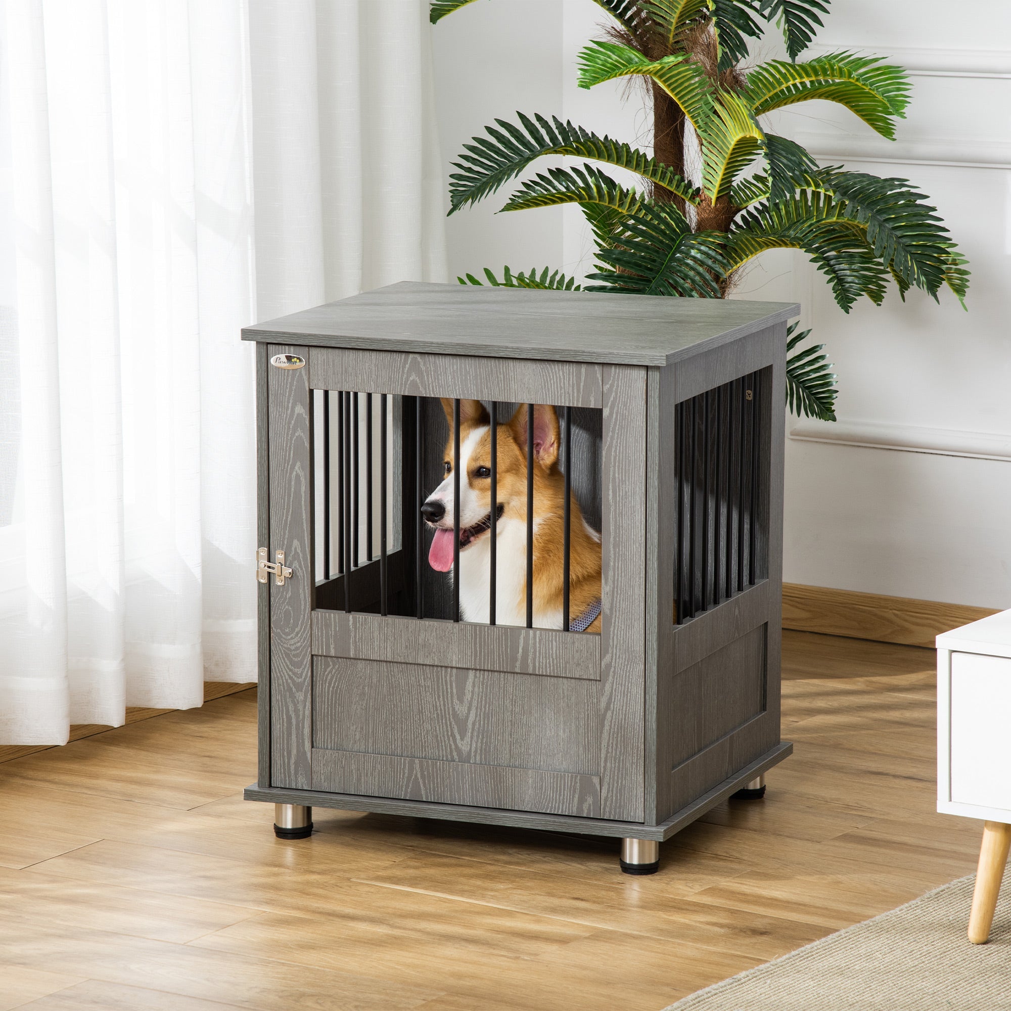 Dog Crate Furniture, Wooden End Table, Small Pet Kennel with Magnetic Door Indoor Crate Animal Cage, Grey-1