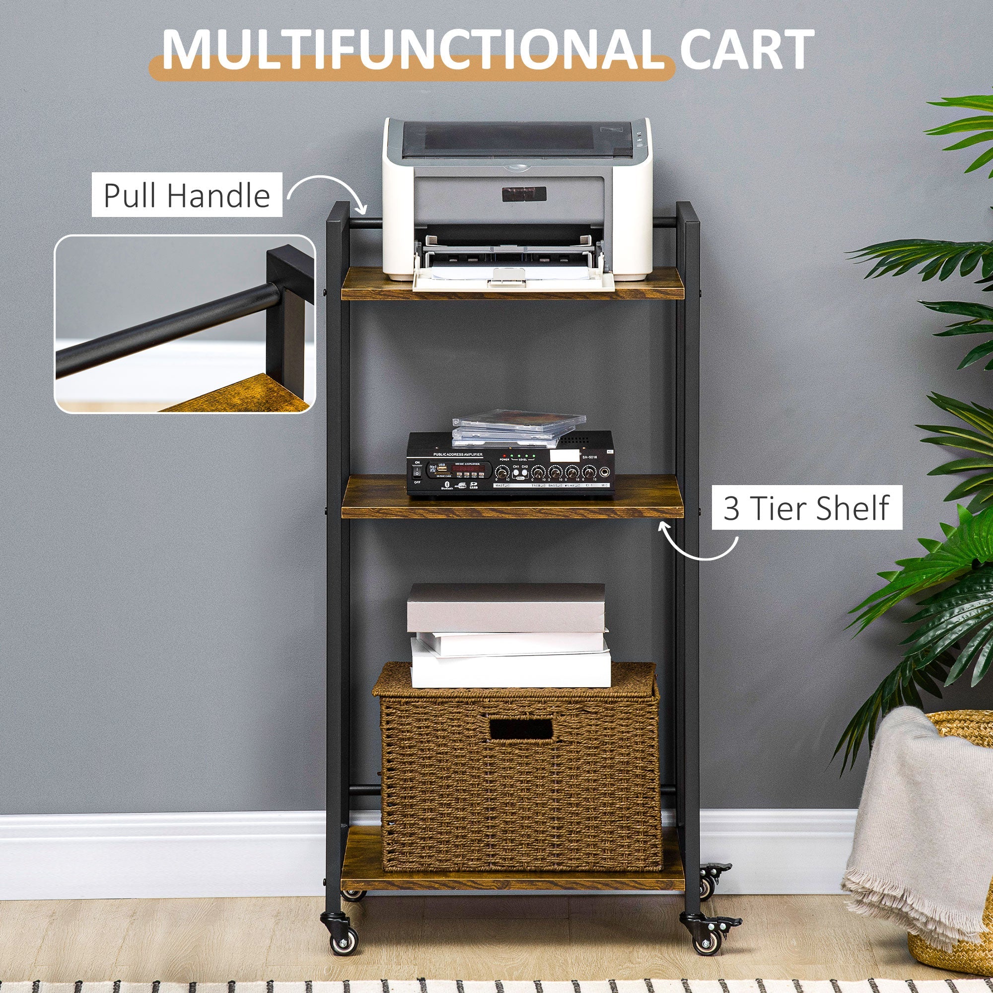 3-Tier Printer Stand, Utility Cart, Rolling Trolley with Adjustable Shelves with Lockable Wheels for Home Office, Rustic Brown-3