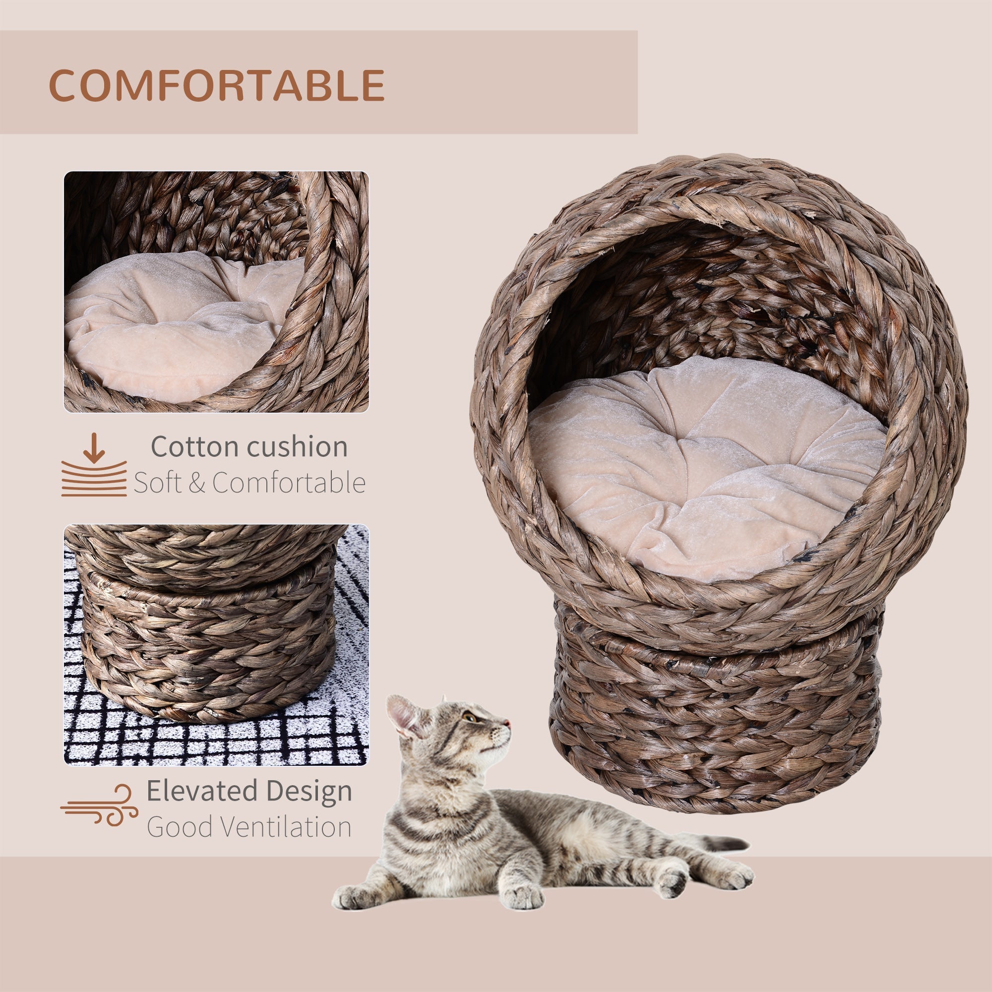 Wicker Cat Bed, Raised Rattan Cat Basket with Cylindrical Base, Soft Washable Cushion, 42 x 33 x 52cm - Brown-3