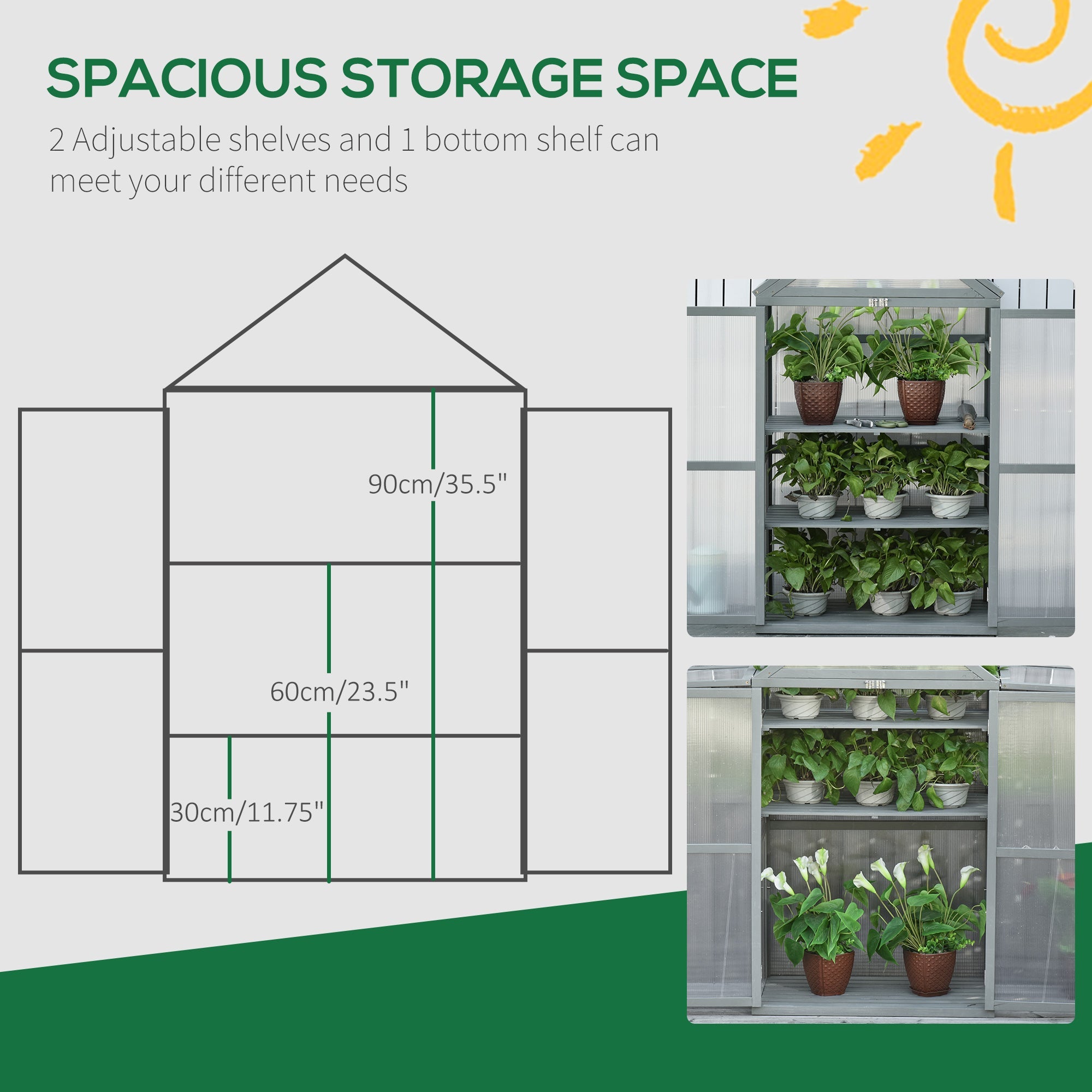 3-Tier Wooden Cold Frame Greenhouse Garden Polycarbonate Grow House w/ Adjustable Shelves, Double Doors, 80 x 47 x 138cm, Grey-4