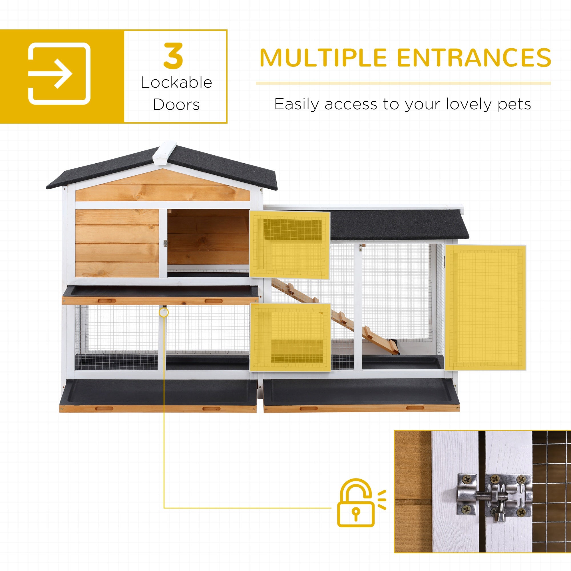 2-Tier Rabbit Hutch Wooden Guinea Pig House Pet Cage Outdoor w/ Sliding-out Tray Ramp, 157.4x53x93.5cm, Yellow-3