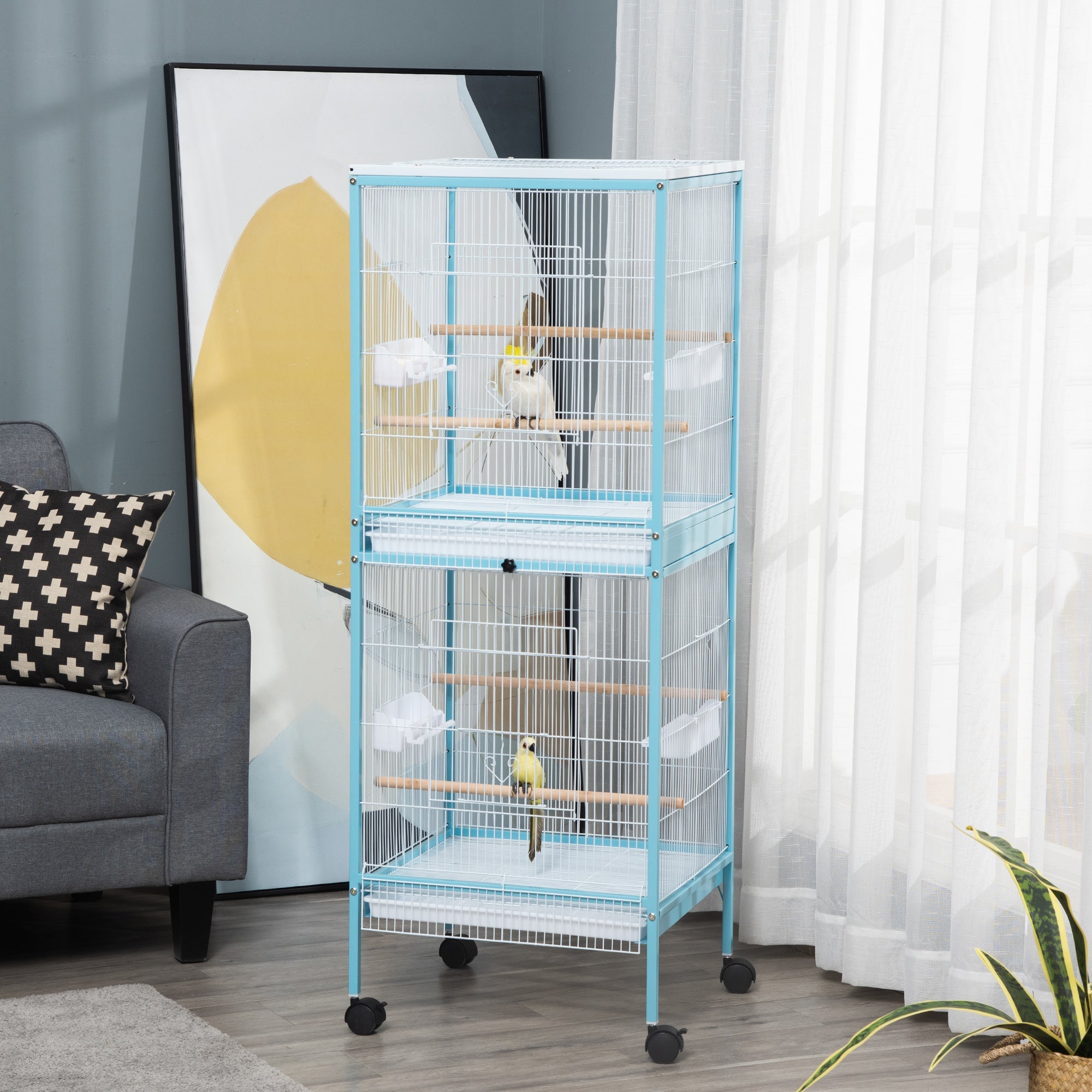 2 In 1 Large Bird Cage Aviary for Finch Canaries, Budgies with Wheels, Slide-out Trays, Wood Perch, Food Containers, Light Blue-1