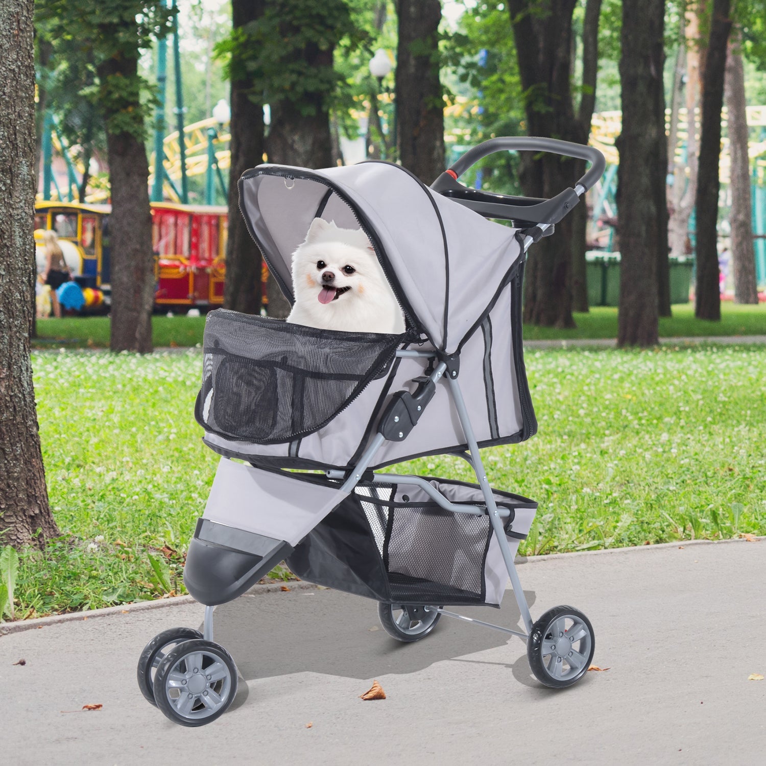 Dog Stroller Pet Travel Stroller Cat Dog Pushchair Trolley Puppy Jogger Carrier Three Wheels (Grey)-1