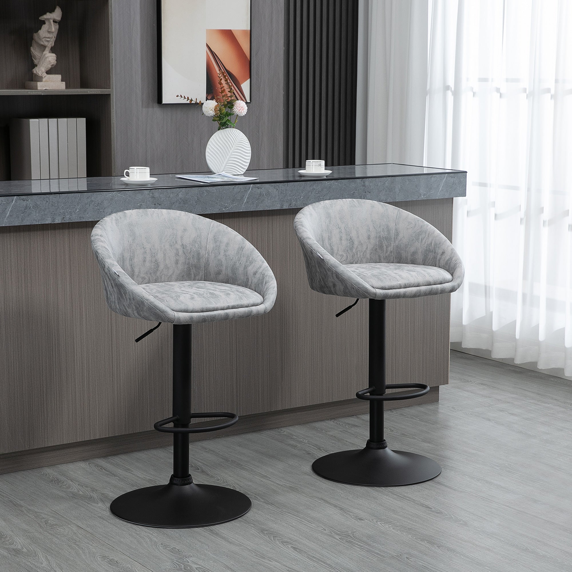 Modern Adjustable Bar Stools Set of 2, Swivel PU Leather Breakfast Barstools with Footrest Armrests Back, for Kitchen Counter Light Grey-1