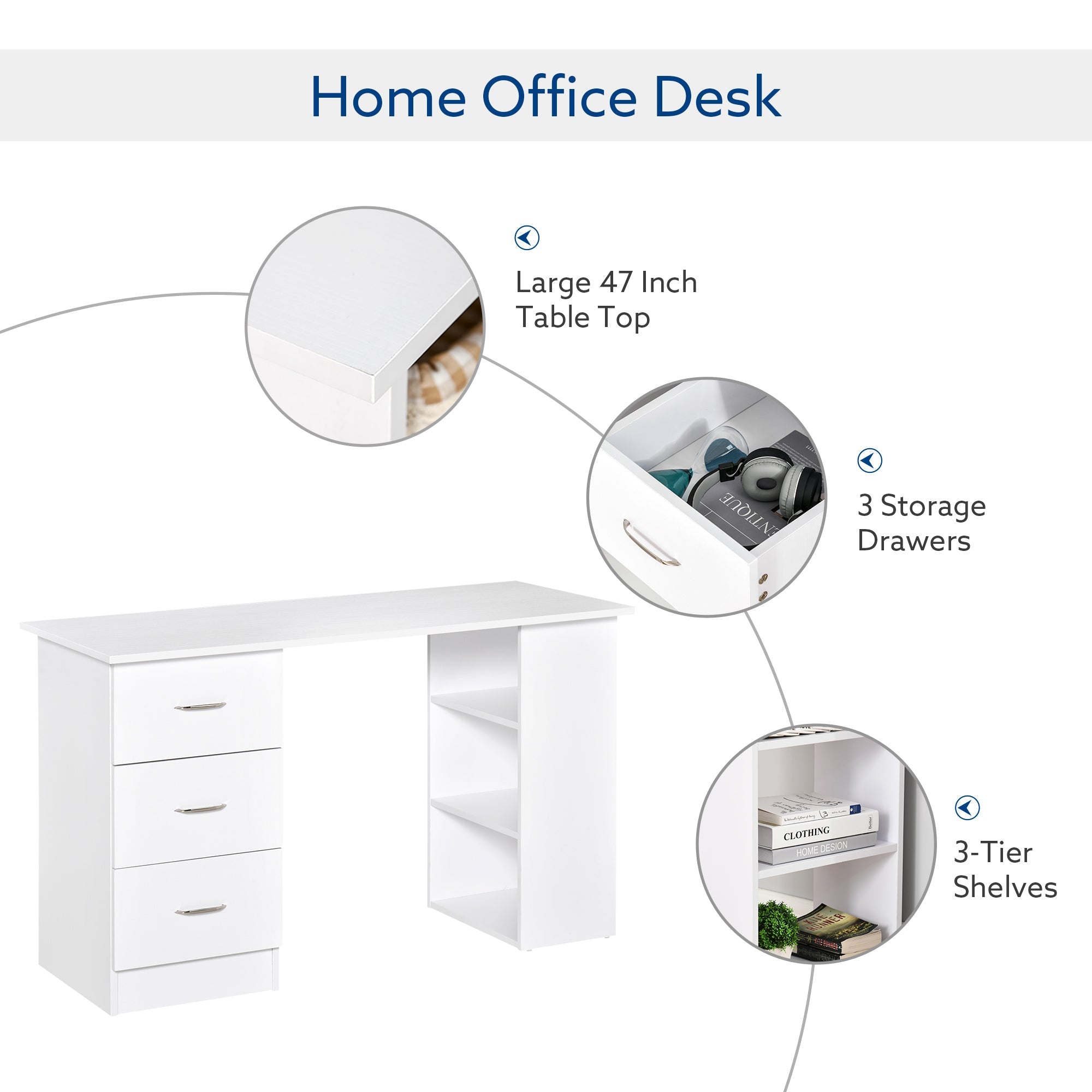 120cm Computer Desk Writing Table PC Workstation Study Laptop Stationery w/ 3 Shelf & Drawers White-3