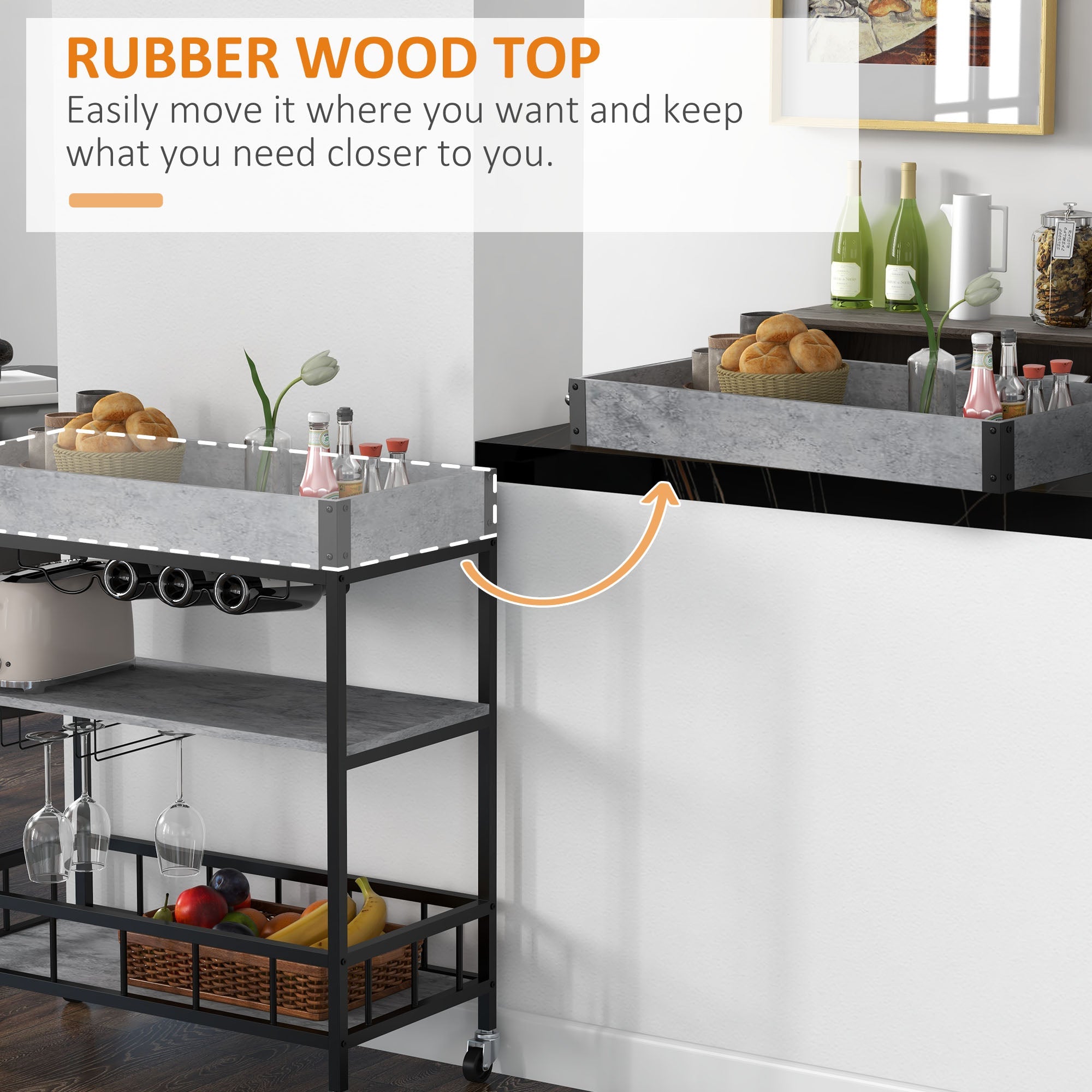 3-Tier Kitchen Cart, Kitchen Island with Storage Shelves, Removable Tray, Wine Racks, Glass Holders, Faux Marbled Grey-4