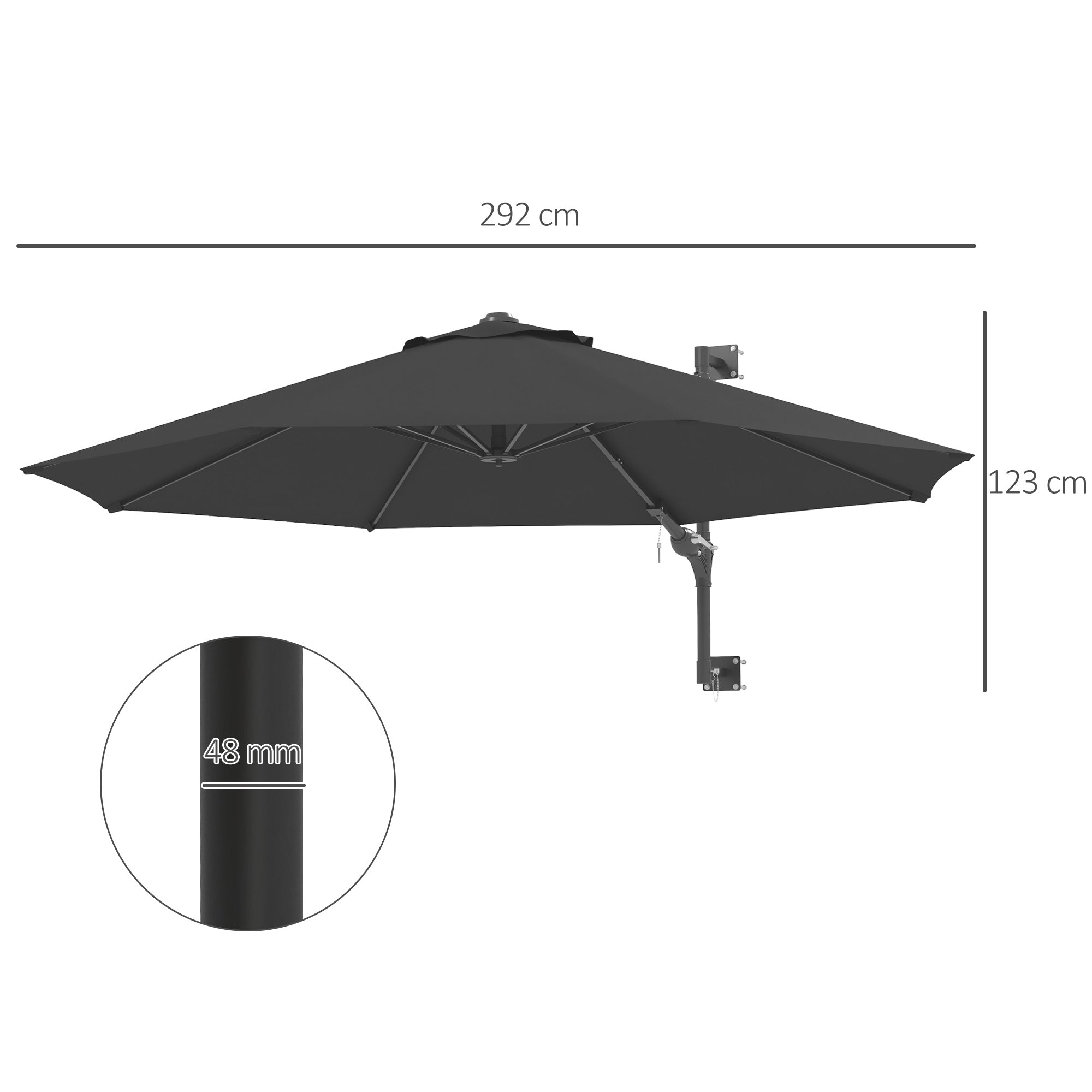 Wall Mounted Umbrella with Vent, Garden Patio Parasol Umbrella Sun Shade Canopy, Charcoal Grey-2