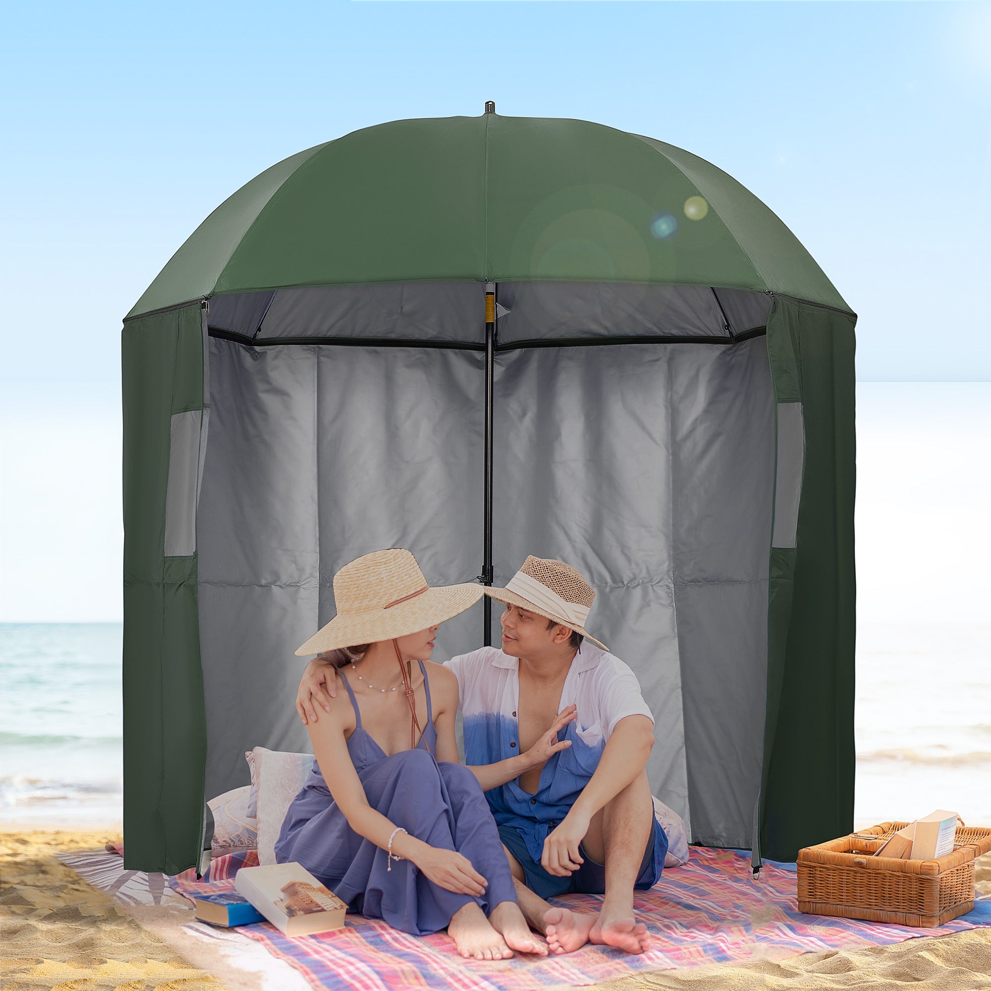 2m Beach Parasol Fishing Umbrella Brolly with Sides and Push Botton Tilt Sun Shade Shelter with Carry Bag, UV30+, Green-1