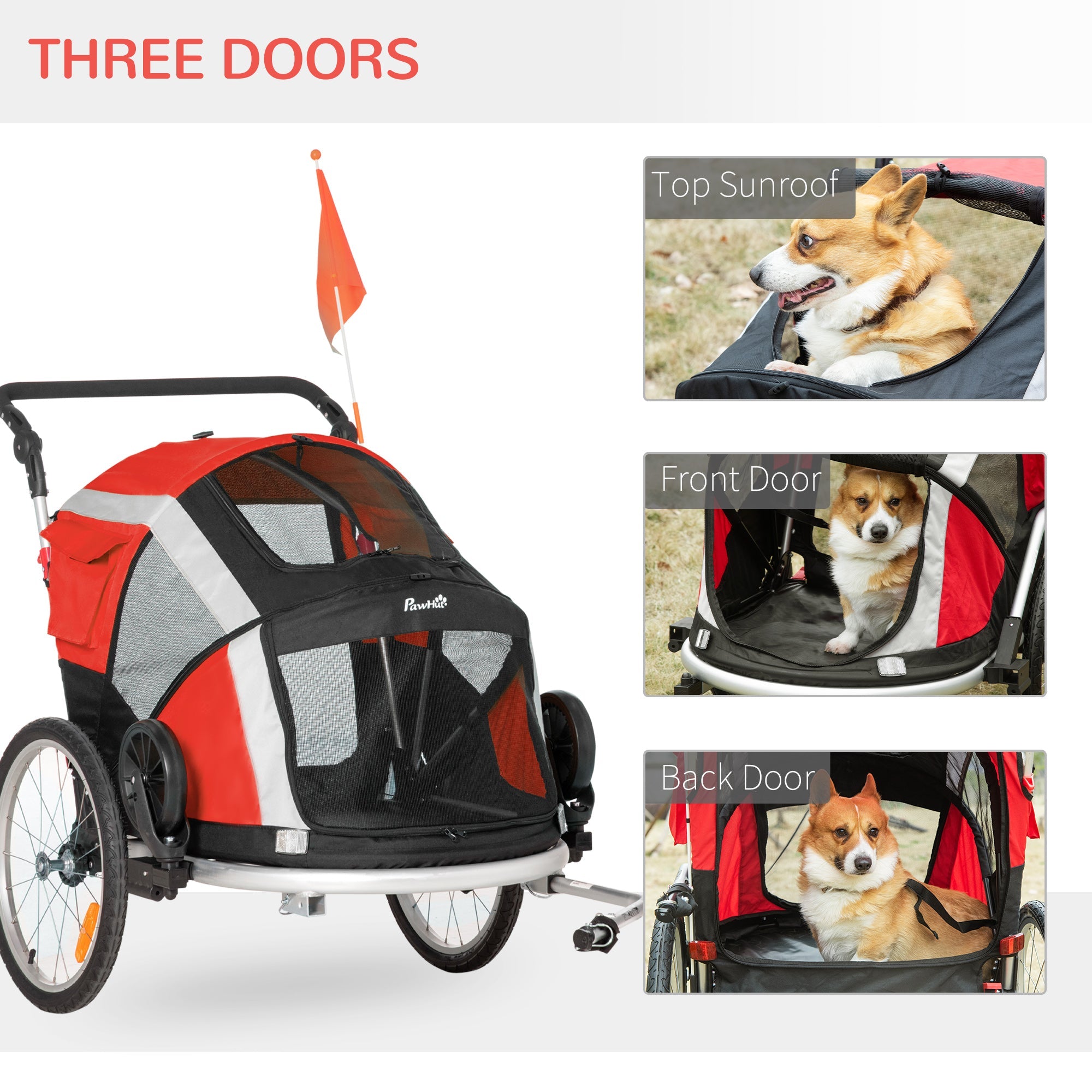 Dog Bike Trailer, Two-In-One Foldable Pet Bike Trailer w/ Safety Leash, Flag, for Small Cats, Puppies, Camping, Hiking - Red-4