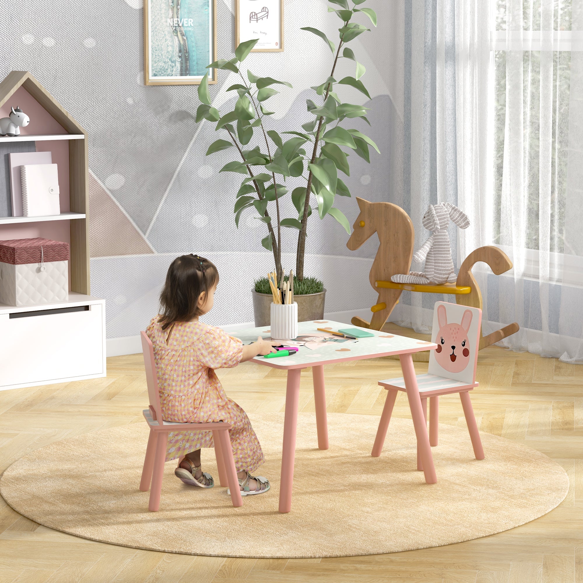 Kids and Table Chairs, Children Desk with Two Chairs, Toddler Furniture Set, for Ages 3-6 Years - Pink-1