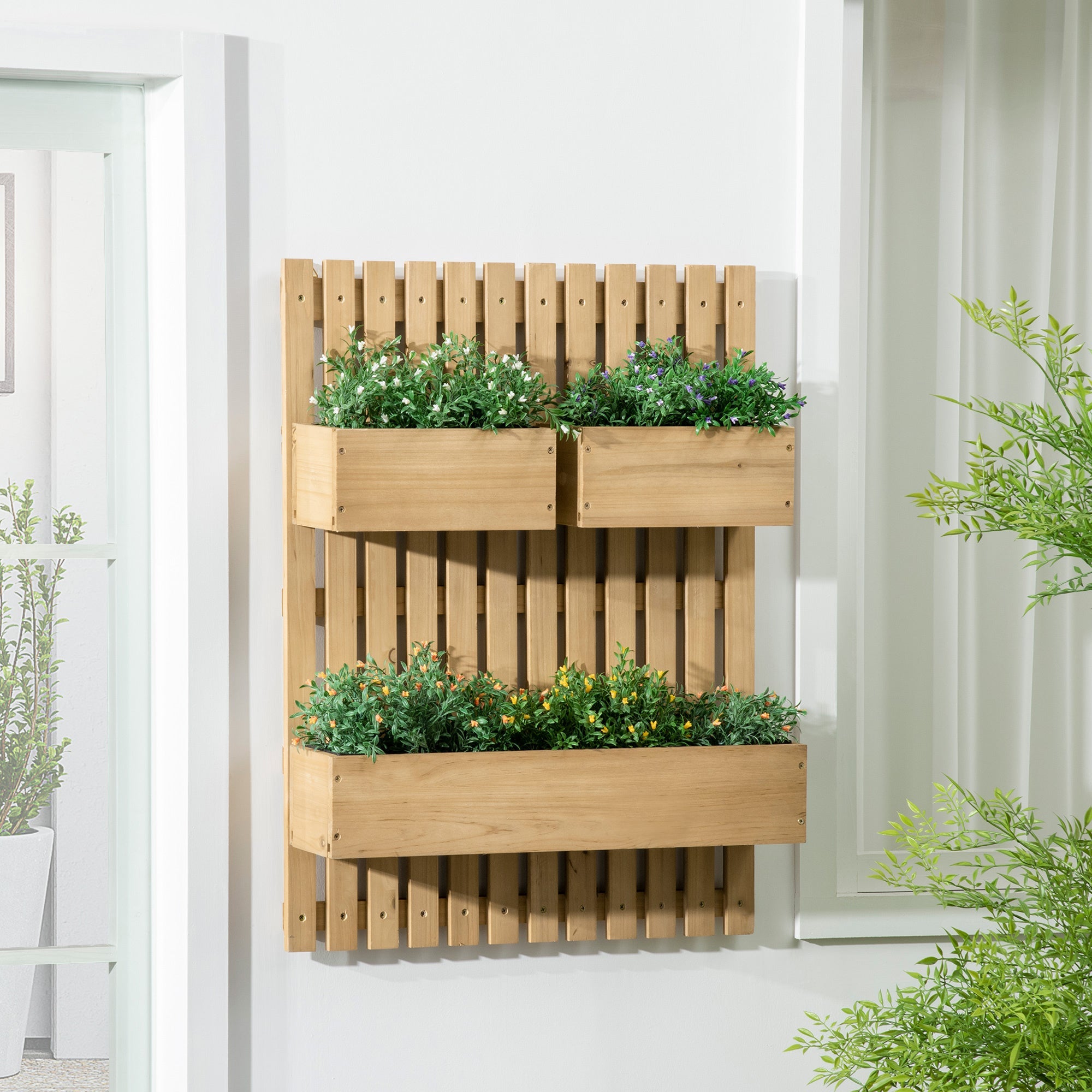 Wall-mounted Wooden Garden Planters with Trellis, Drainage Holes and 3 Movable Planter Boxes, Wall Raised Garden Bed for Patio, Natural-1