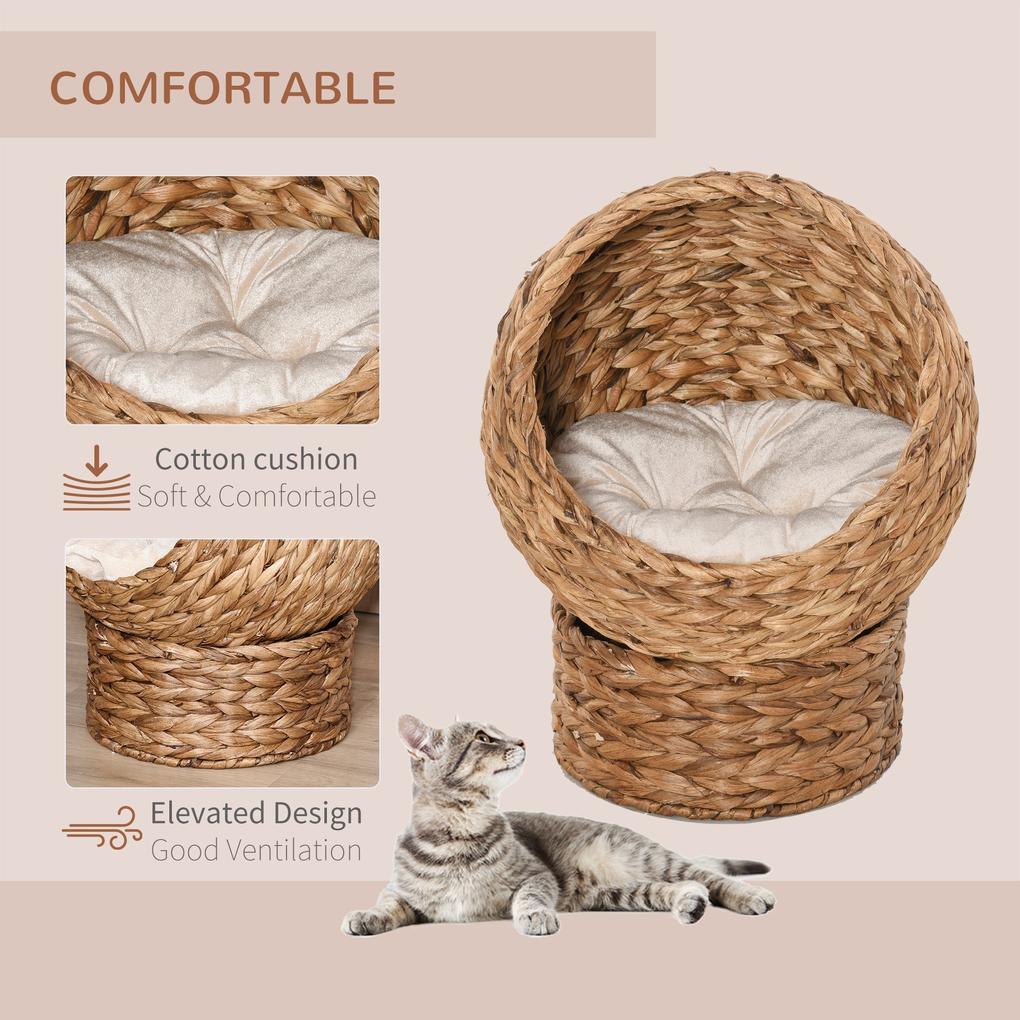 Wicker Cat Bed, Raised Rattan Cat Basket with Cylindrical Base, Soft Washable Cushion, Brown, 50 x 42 x 60 cm-3