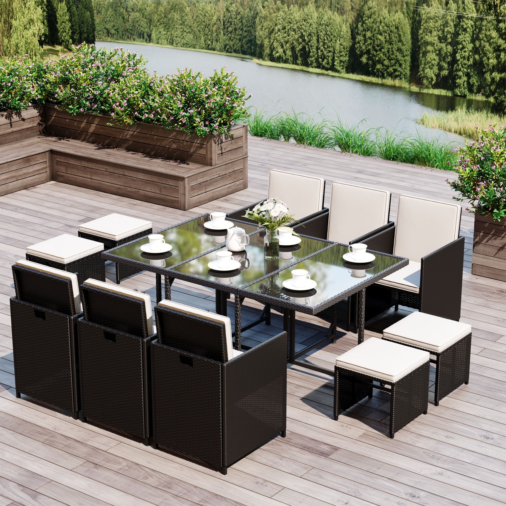 11PC Rattan Garden Furniture Outdoor Patio Dining Table Set Weave Wicker 10 Seater Stool Black-0