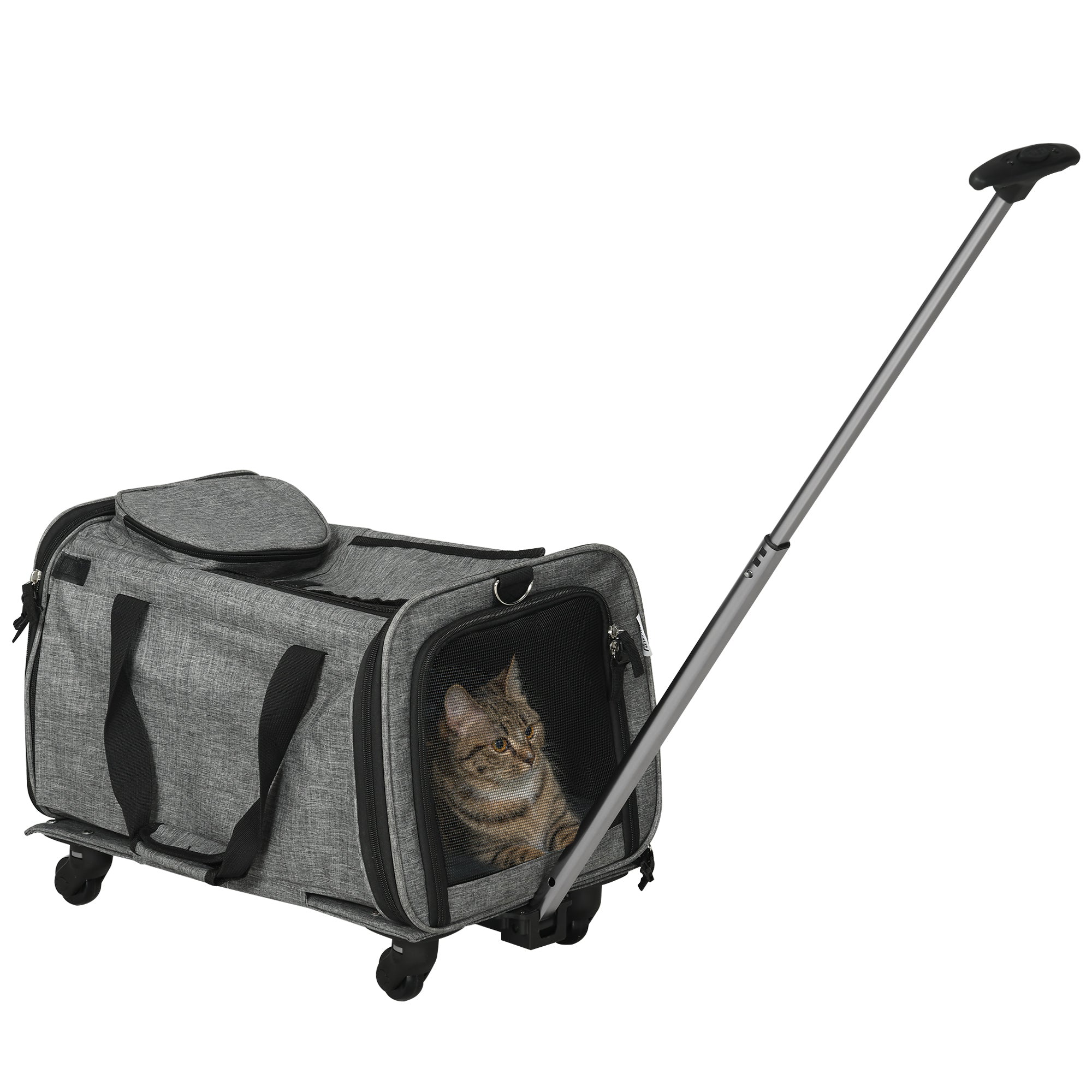 4 in 1 Pet Carrier Portable Cat Carrier Foldable Dog Bag On Wheels for Cats, Miniature Dogs w/ Telescopic Handle, Grey-0