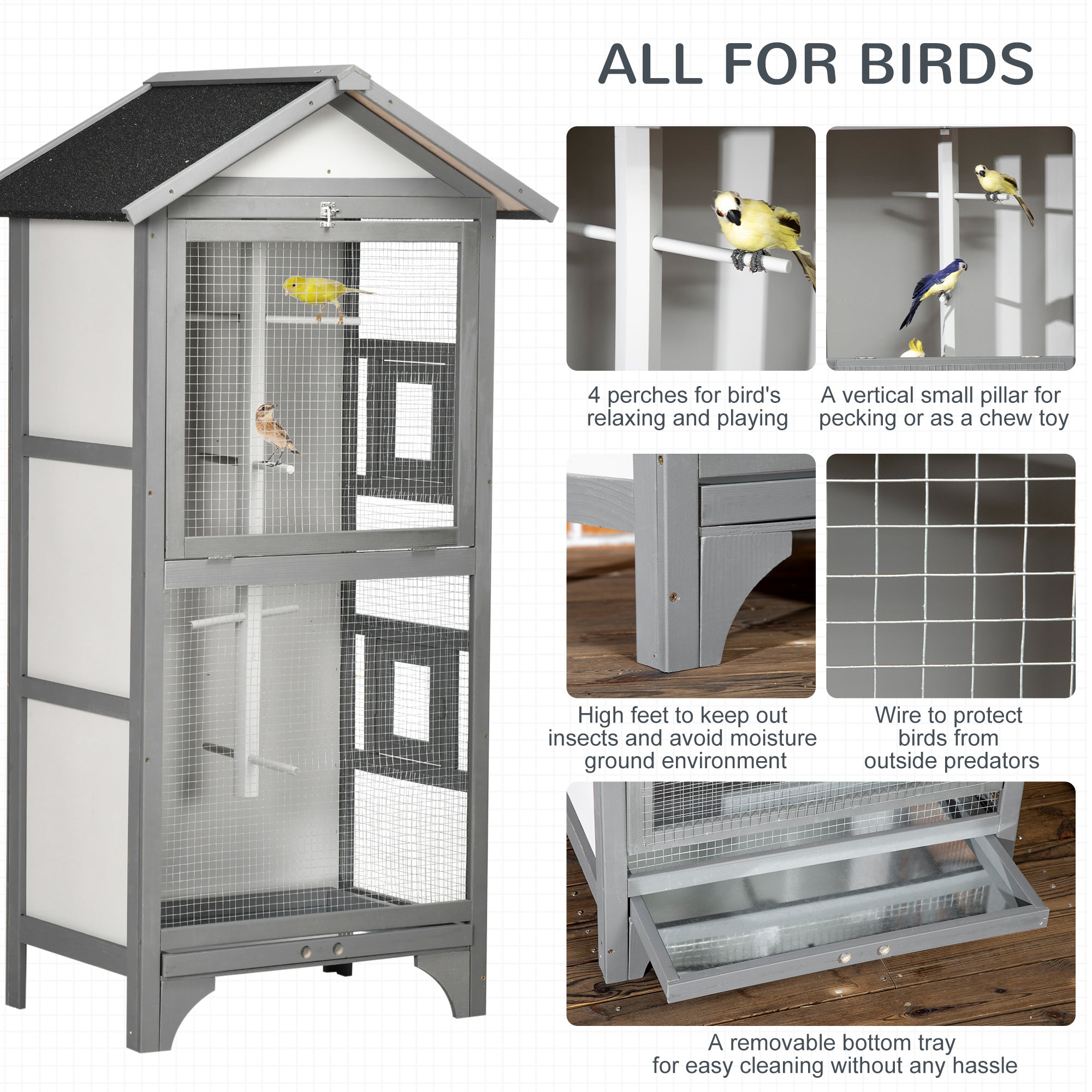 Wooden Outdoor Bird Cage, for Finches and Canaries, with Removable Tray, Asphalt Roof - Grey-4