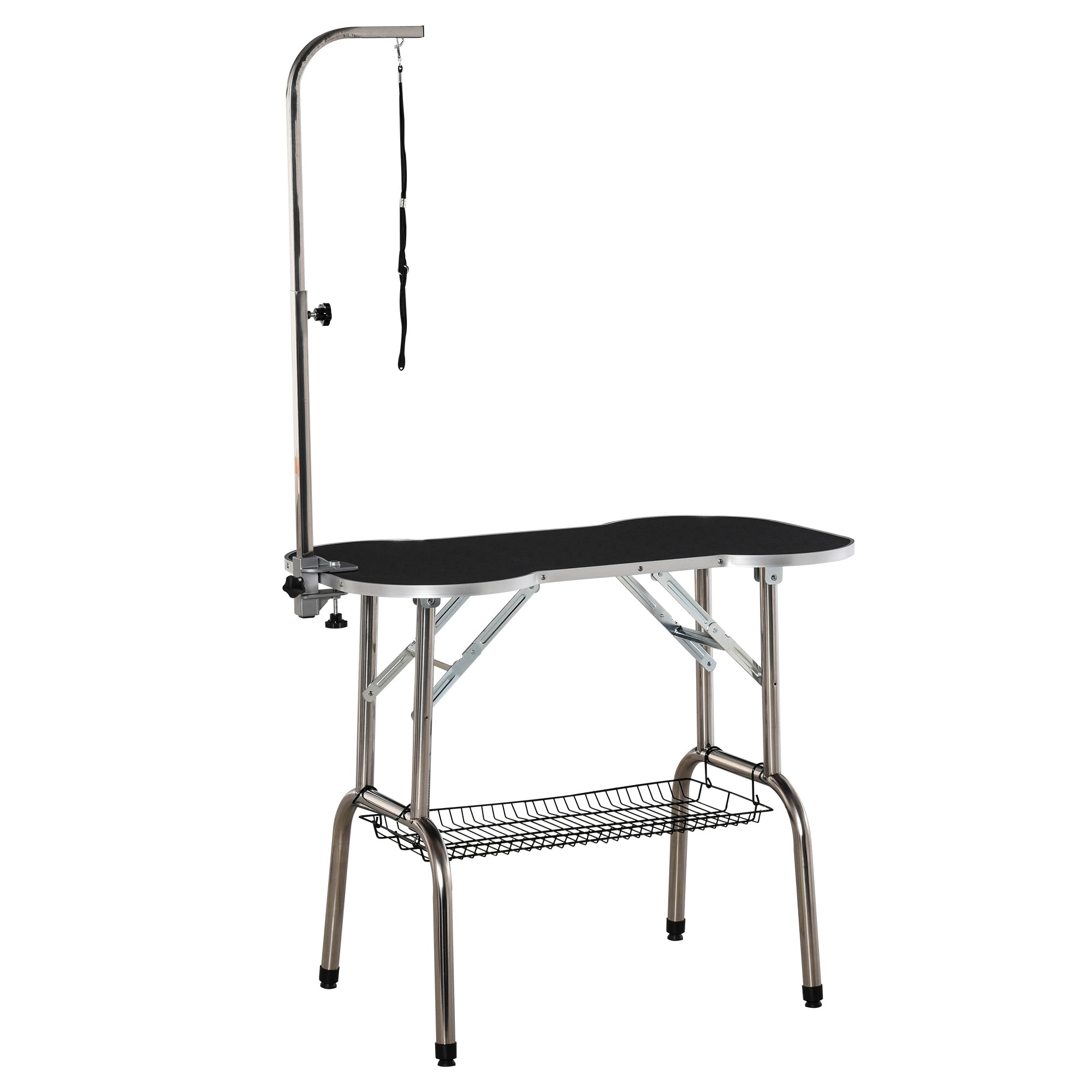 Foldable Pet Grooming Table Dog Drying Table with Adjustable Arm Non-Slip Rubber Tabletop Aluminium Alloy Edge Stainless Steel Bar Sling Black-0