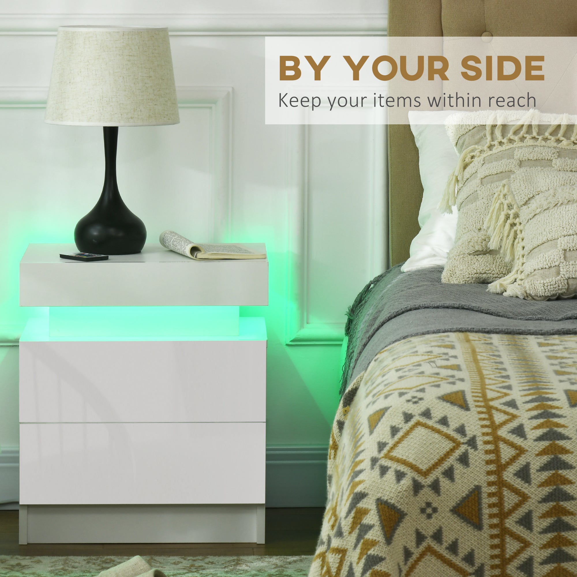 White Bedside Cabinets with LED Light, High Gloss Front Nightstand with 2 Drawers, for Living Room, Bedroom-4