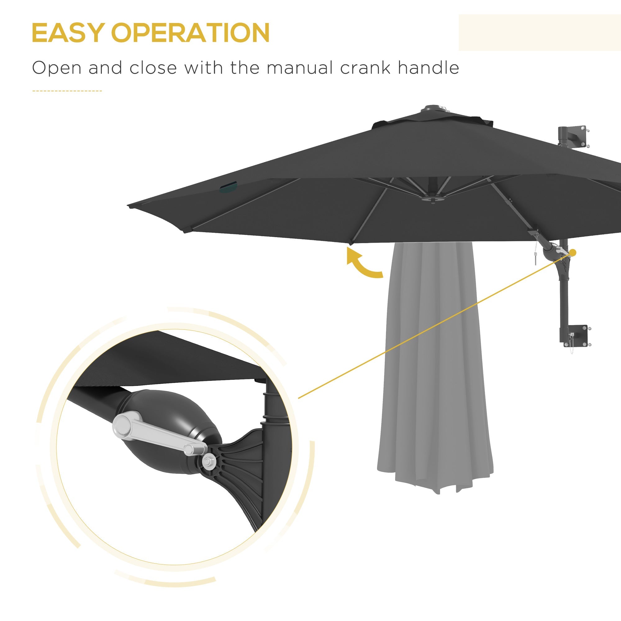 Wall Mounted Umbrella with Vent, Garden Patio Parasol Umbrella Sun Shade Canopy, Charcoal Grey-4