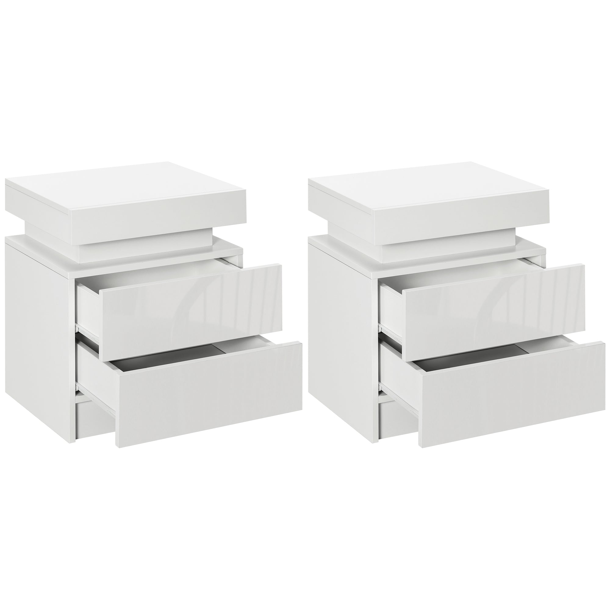 White Bedside Table with LED Light, High Gloss Front Nightstand with 2 Drawers, for Living Room, Bedroom-0