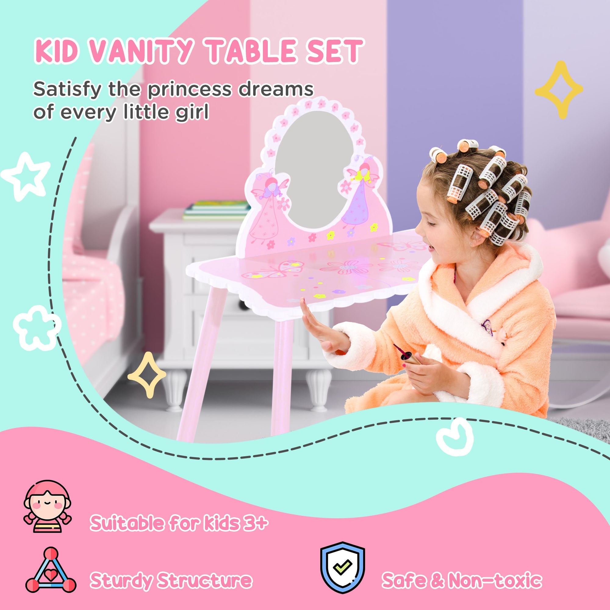 Kids Dressing Table Girls Pink Wooden Kids Dressing Table & Stool Make Up Desk Chair Toys Fairy Dresser Play Set w/Mirror-3