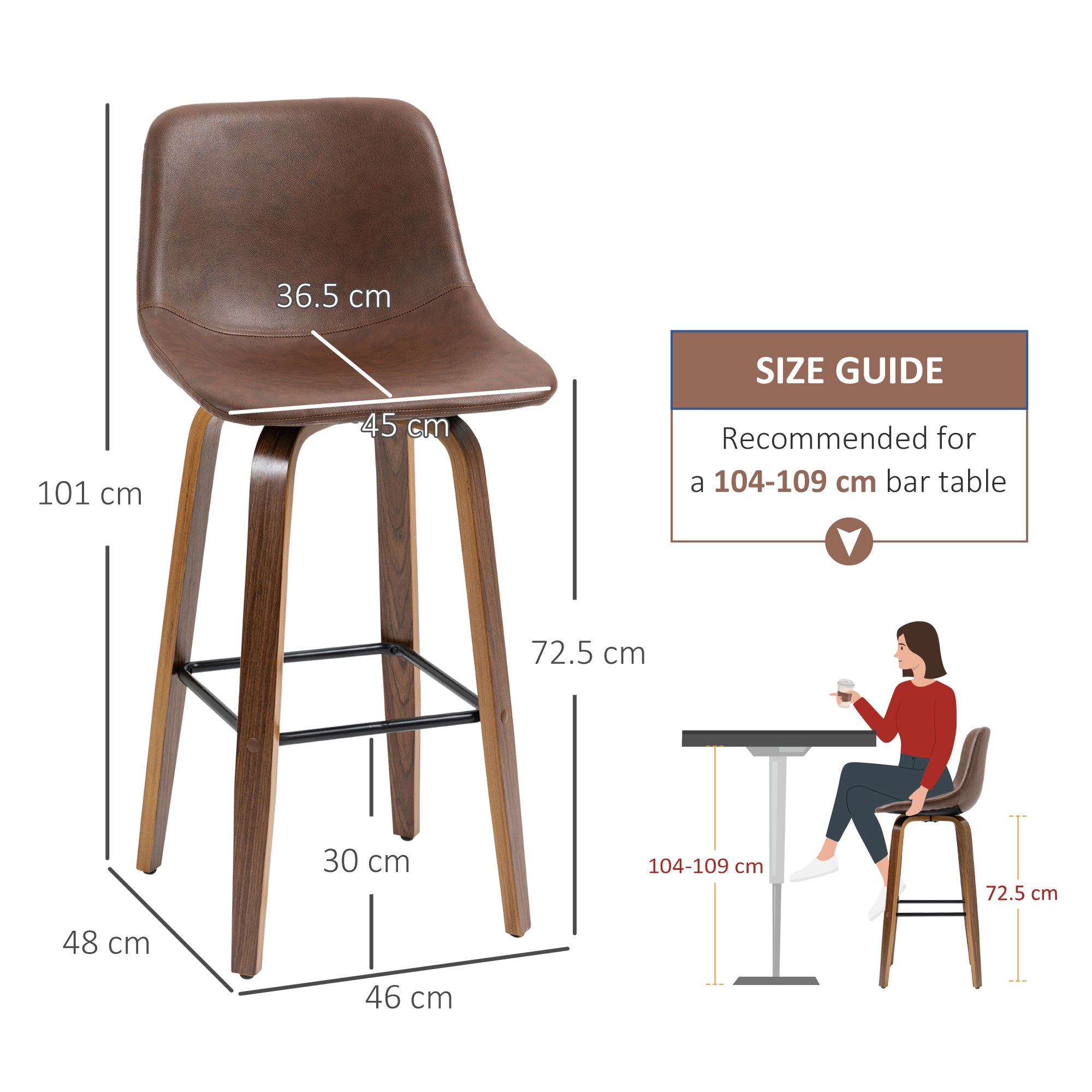 Bar Stools Set of 2, Breakfast Bar Chairs, PU Leather Upholstered Kitchen Stools w/ Backs, Wood Legs for 89-99cm Bar Table, Brown-2