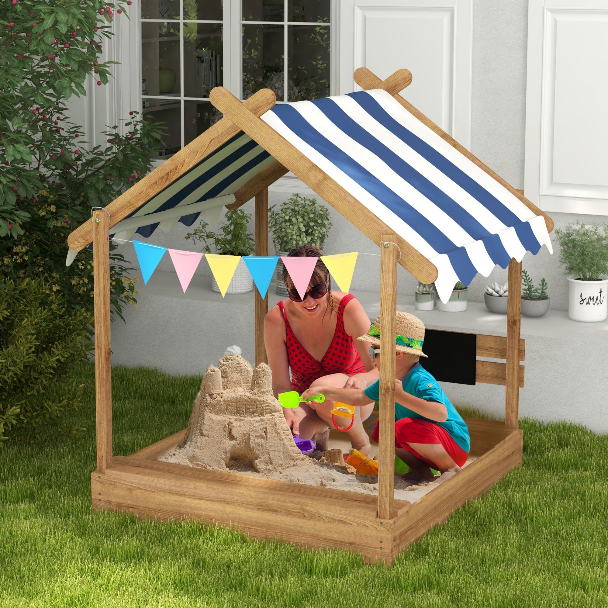 Wooden Sandbox with Canopy House Design Brown-1