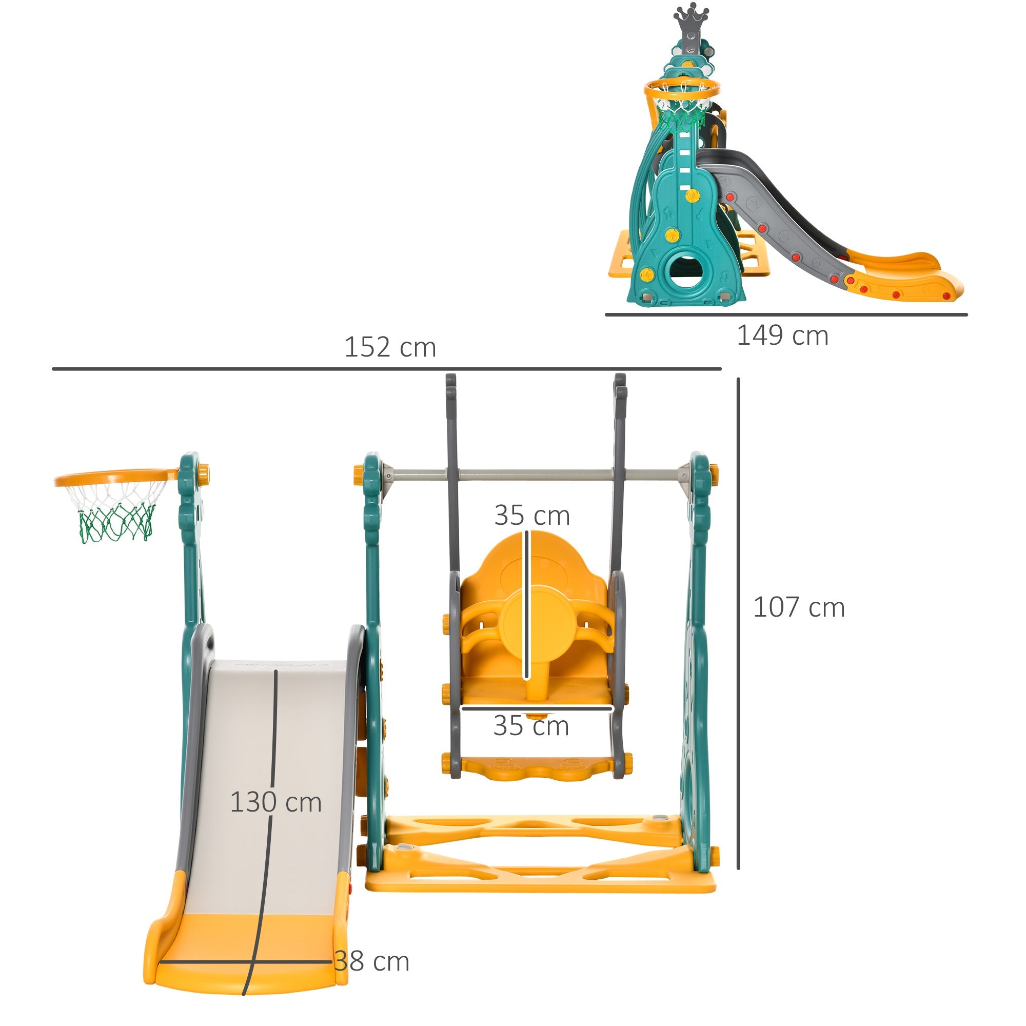 3-IN-1 Kids Swing and Slide Set with Basketball Hoop Slide Swing Adjustable Seat Height Toddler Playground Activity Center Indoor and Outdoor-2