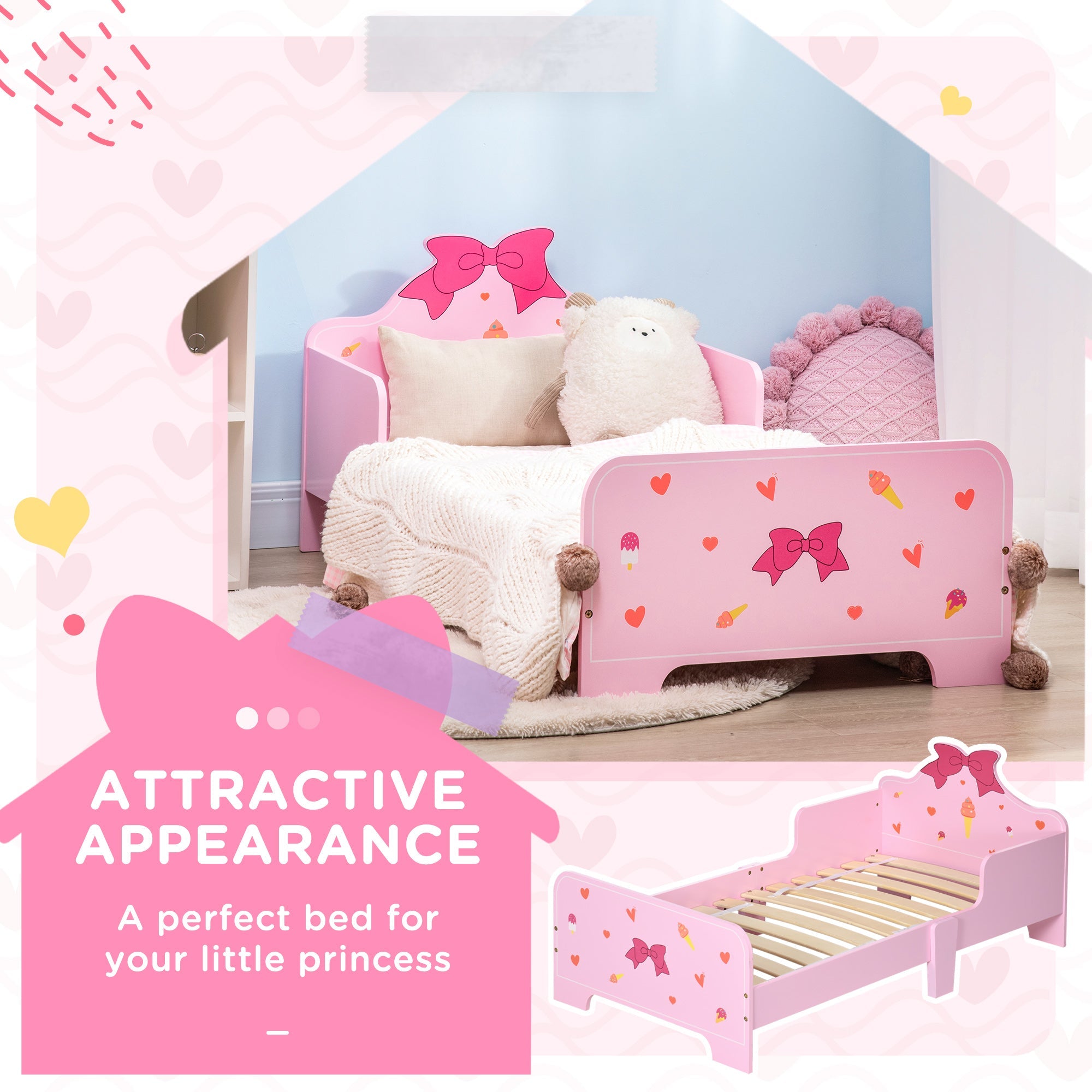 Princess-themed Kids Toddler Bed with Cute Patterns, Safety Side Rails Slats, Kids Bedroom Furniture for 3-6 Years, Pink, 143 x 74 x 59 cm-3