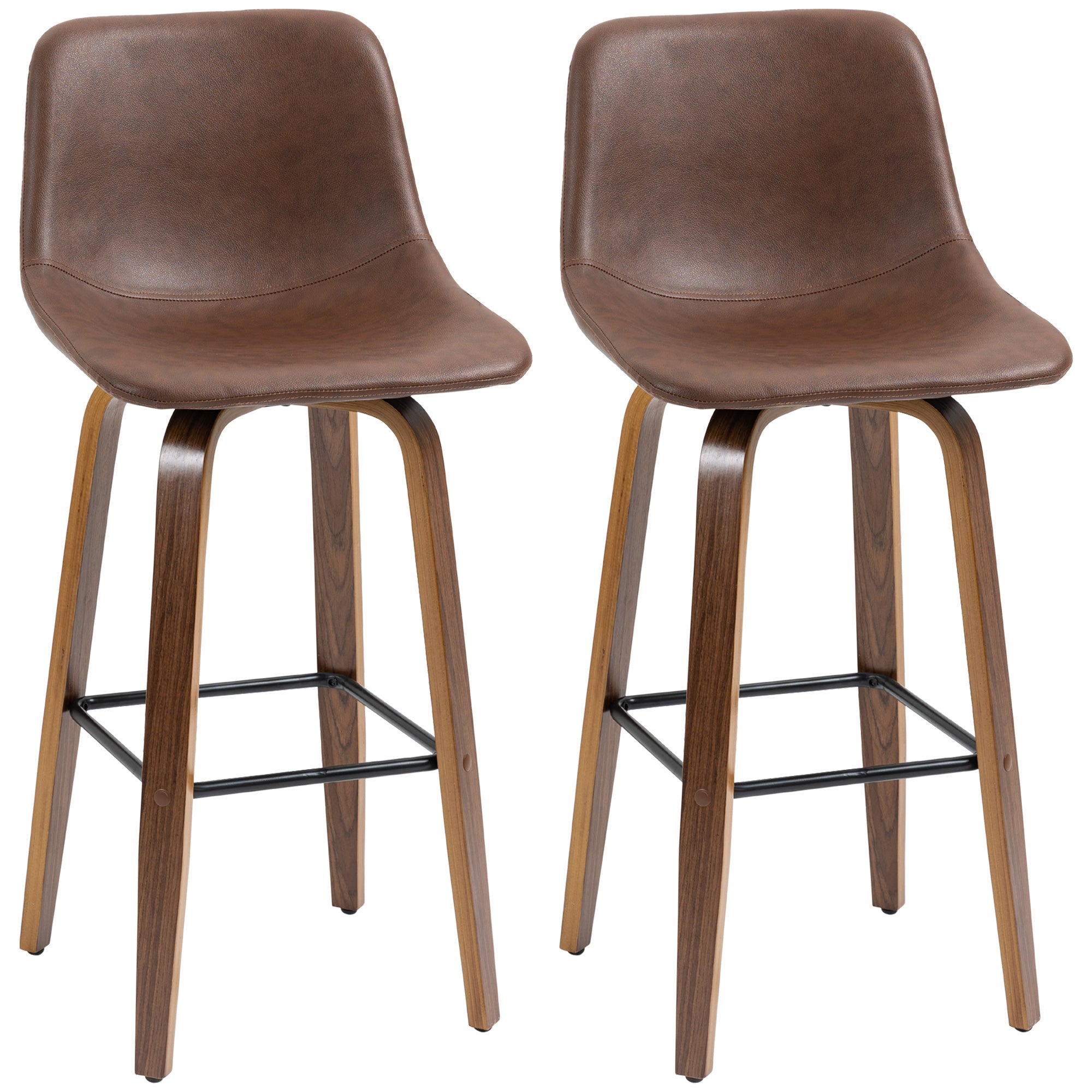 Bar Stools Set of 2, Breakfast Bar Chairs, PU Leather Upholstered Kitchen Stools w/ Backs, Wood Legs for 89-99cm Bar Table, Brown-0