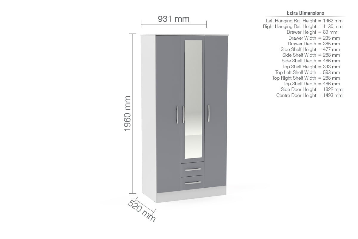 Lynx 3 Door 2 Drawer Wardrobe With Mirror-3