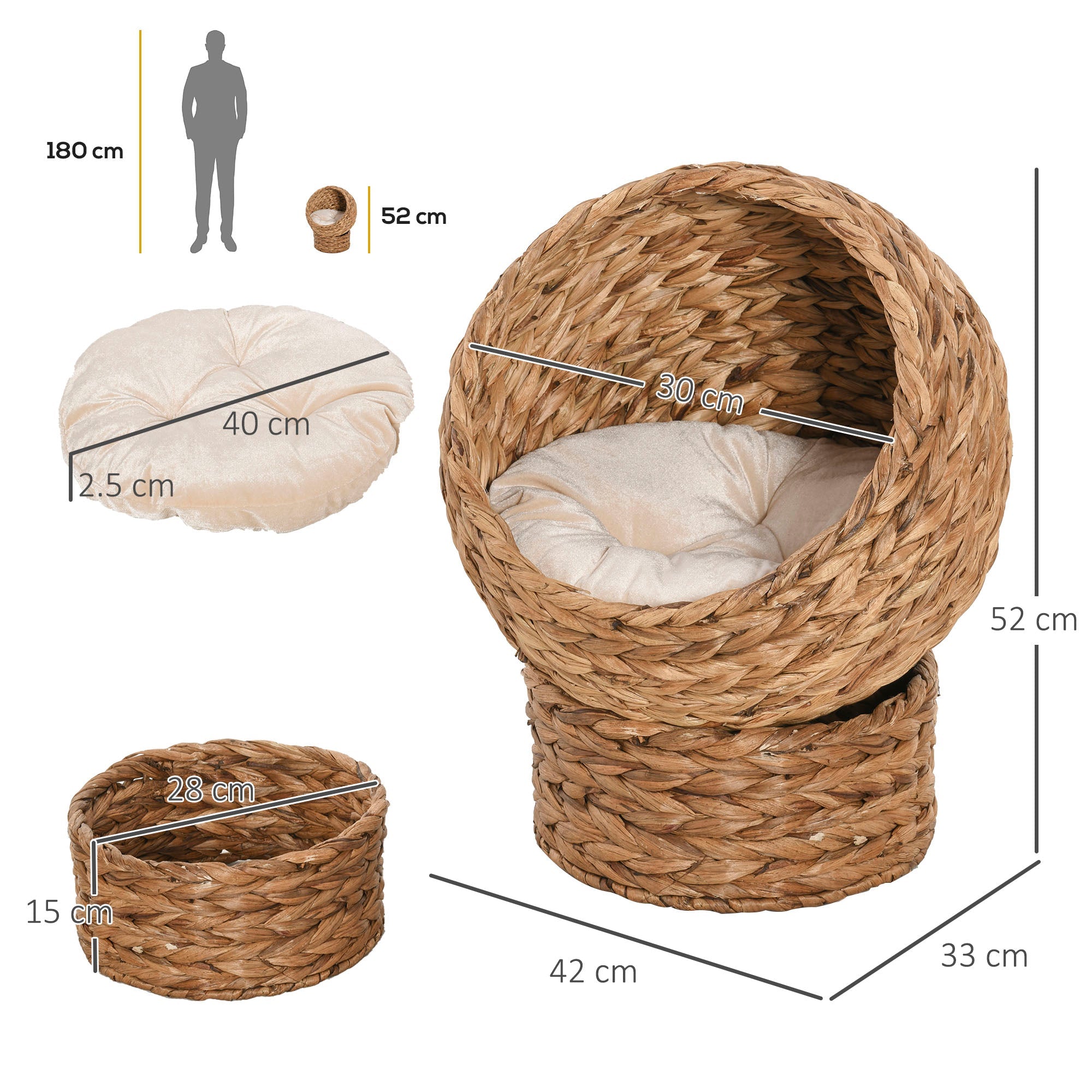 Wicker Cat Bed, Raised Rattan Cat Basket with Cylindrical Base, Soft Washable Cushion, Brown, 42 x 33 x 52 cm-2