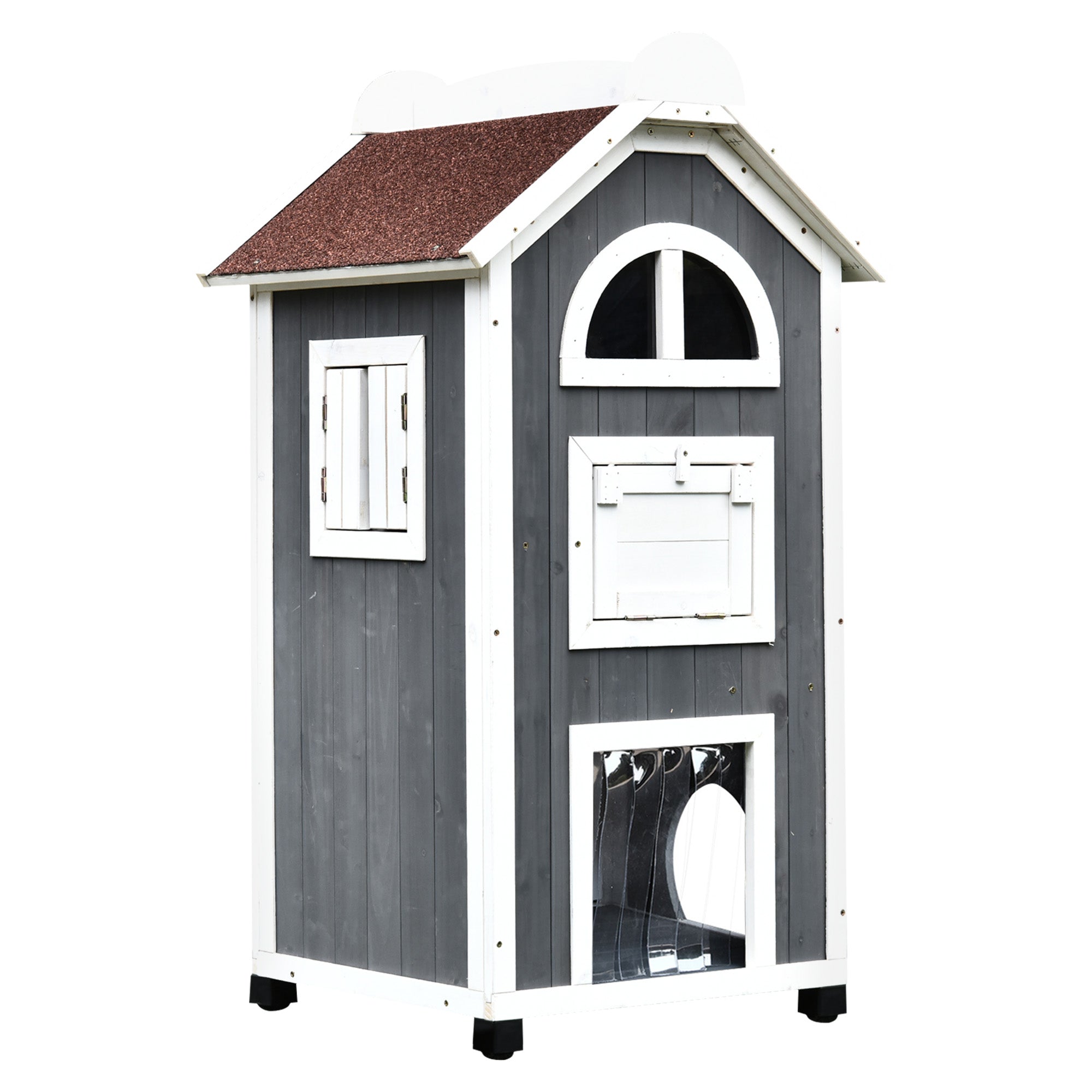 Wooden Cat House, Weatherproof Pet Shelter, Outdoor Cat Condos Cave, 2 Floor Furniture, Grey and White-0