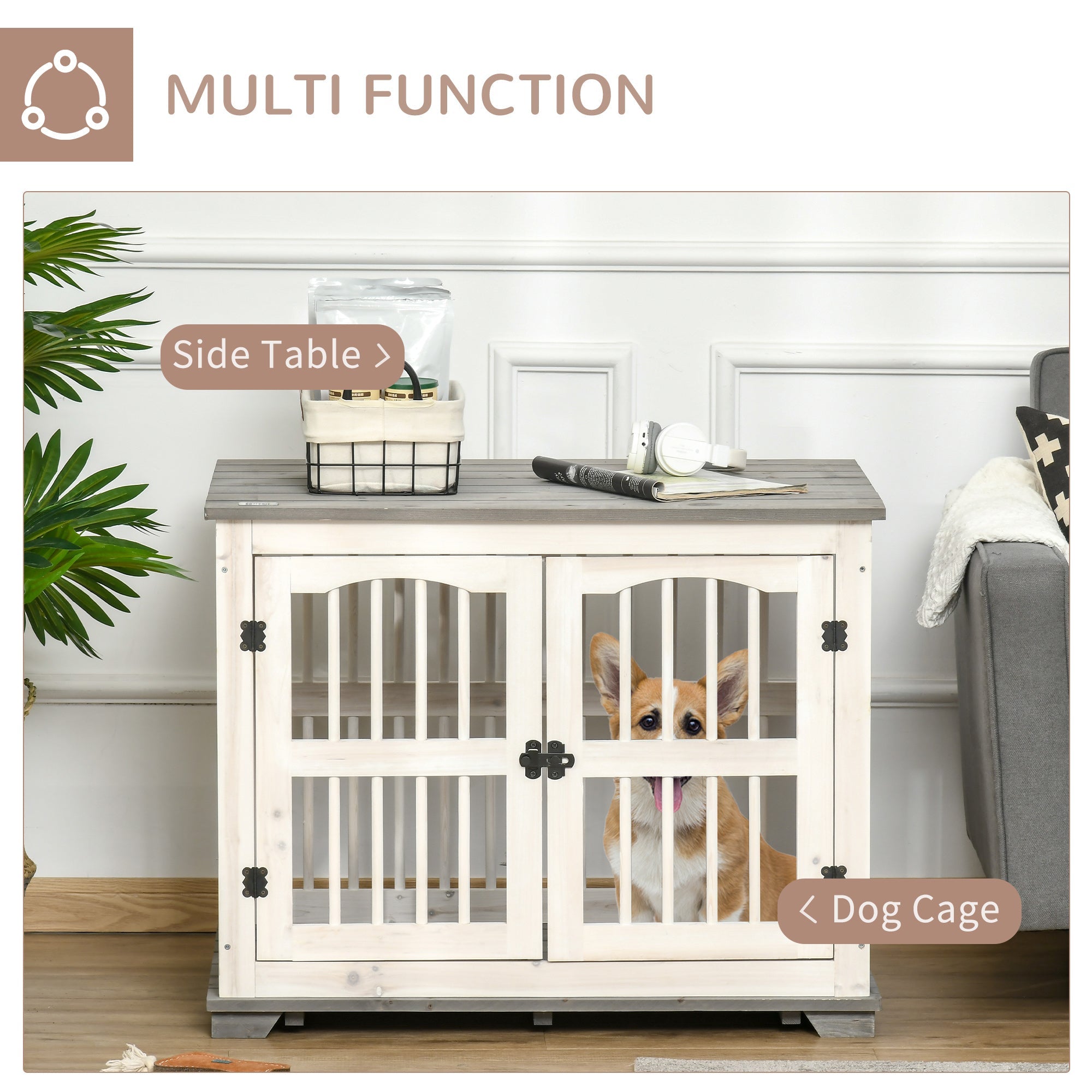 Wooden Dog Crate Furniture Pet Kennel Cage End Table for Small Medium Dogs, Indoor, White, 85.5 x 59.5 x 68 cm-3