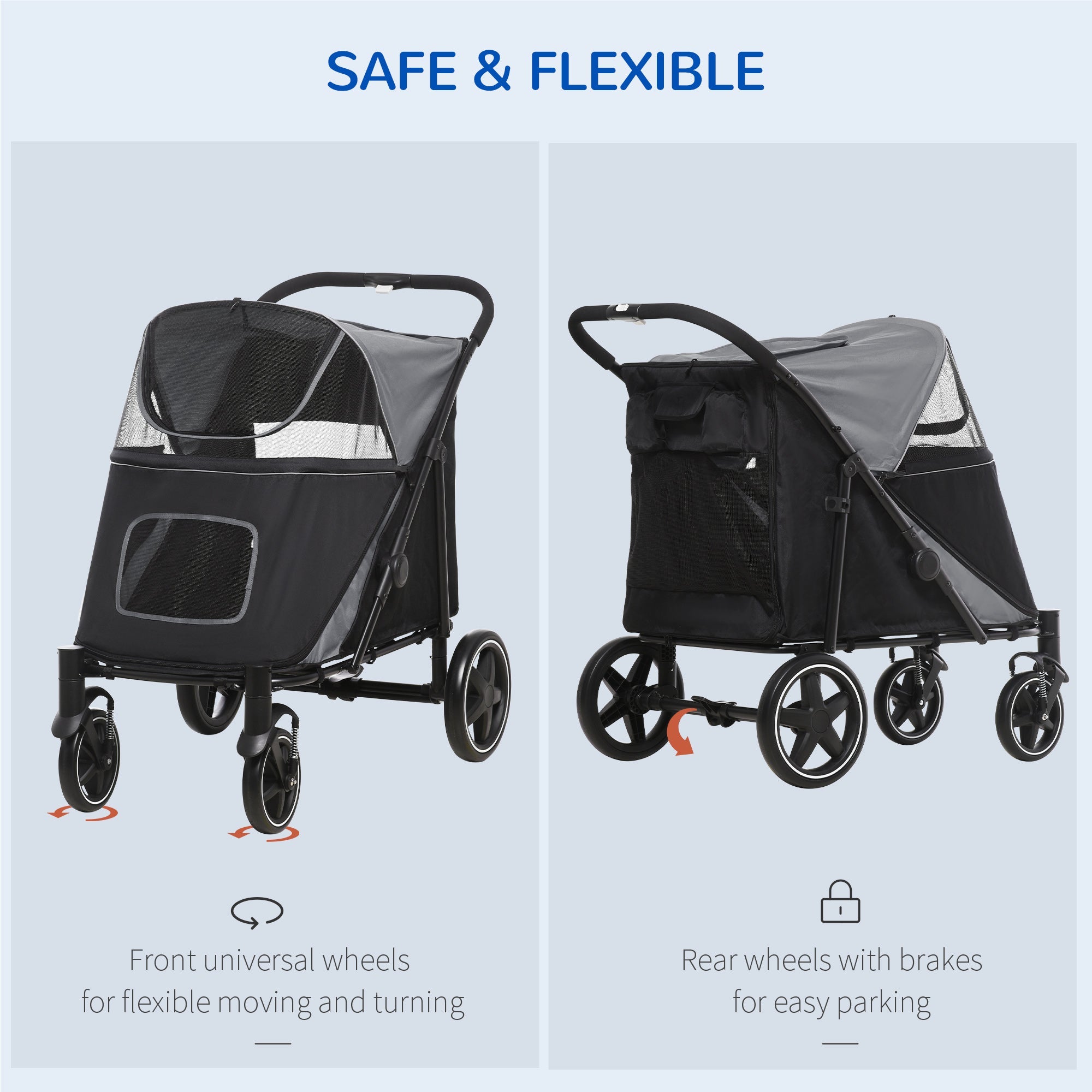 4 Wheel Pet Stroller with Rain Cover for Medium and Large Dogs - Black-4