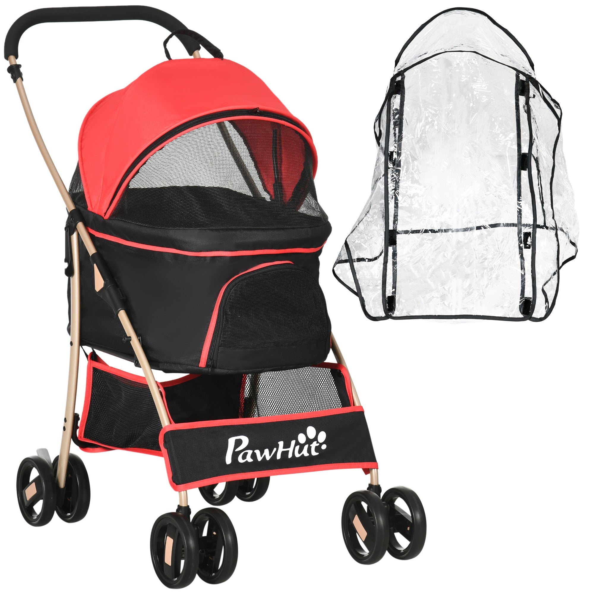 Detachable Pet Stroller with Rain Cover, 3 In 1 Cat Dog Pushchair, Foldable Carrying Bag w/ Universal Wheels, Brake, Canopy, Basket-0