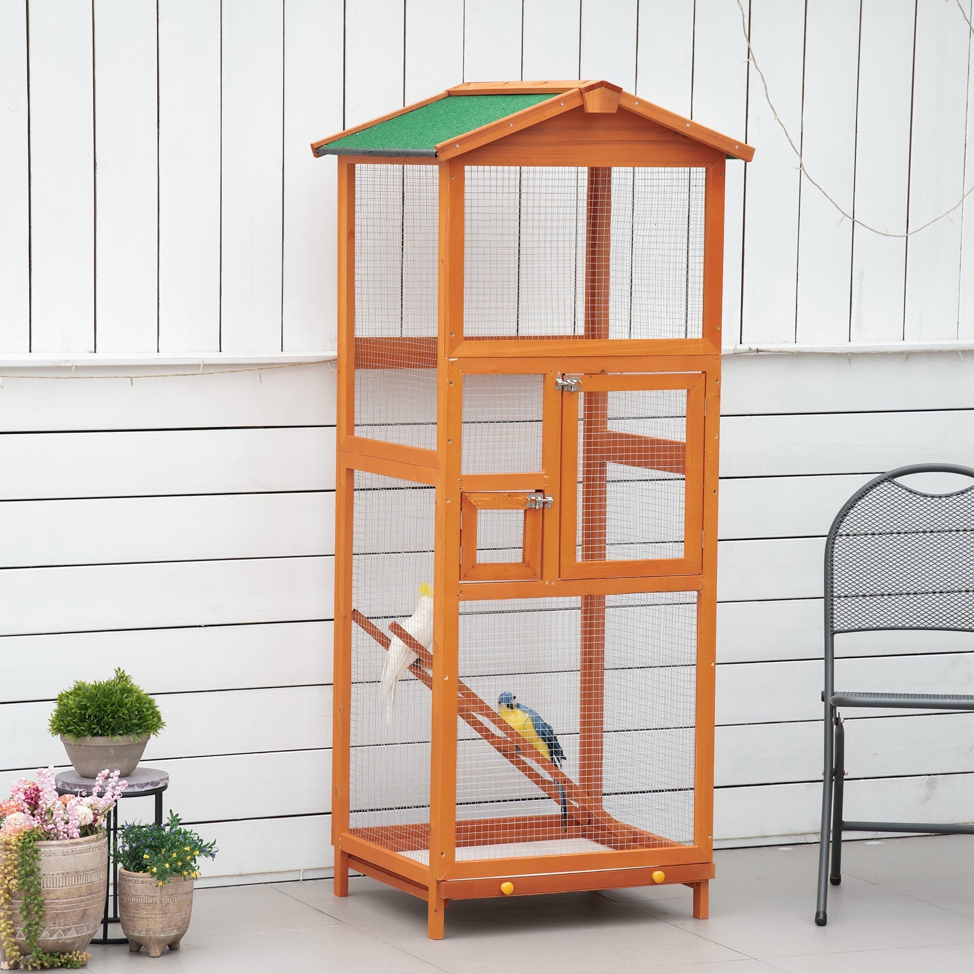 Wooden Bird Aviary Cages Outdoor Finches Birdcage with Pull Out Tray 2 Doors, Orange-1