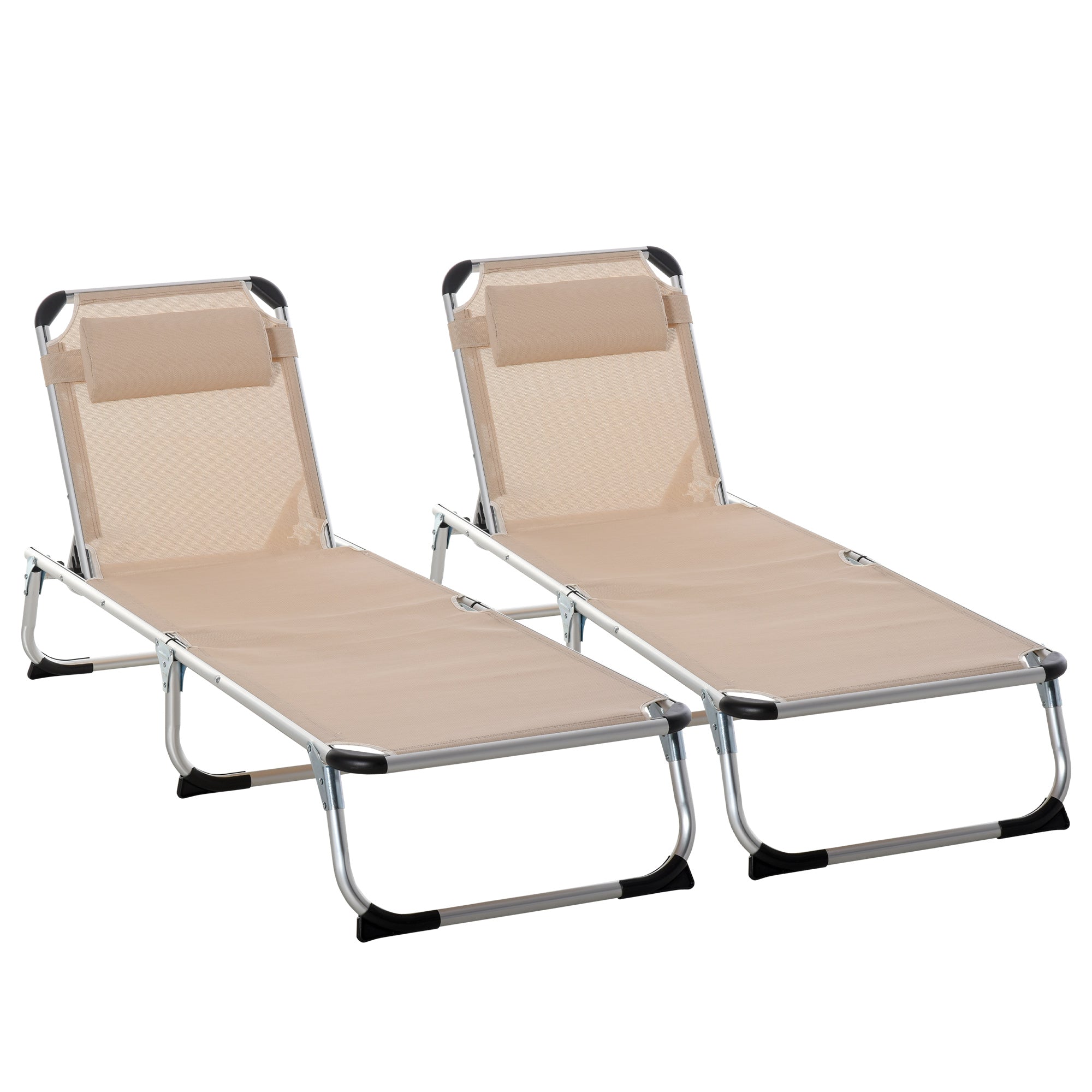 2 Pieces Foldable Sun Lounger with Pillow, 5-Level Adjustable Reclining Lounge Chair, Aluminium Frame Camping Bed Cot, Khaki-0