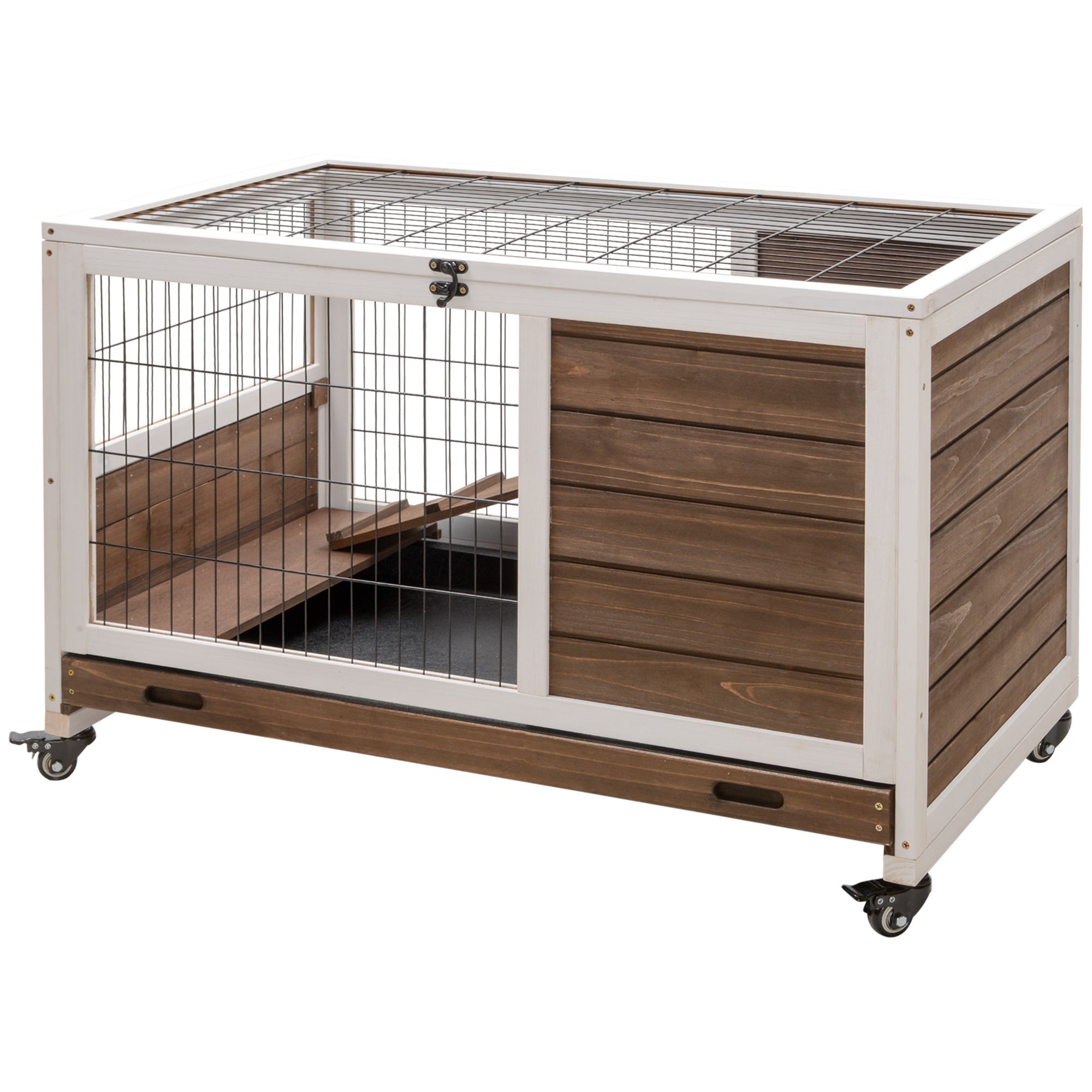 Wooden Indoor Rabbit Hutch w/ Enclosed Run Brown-0