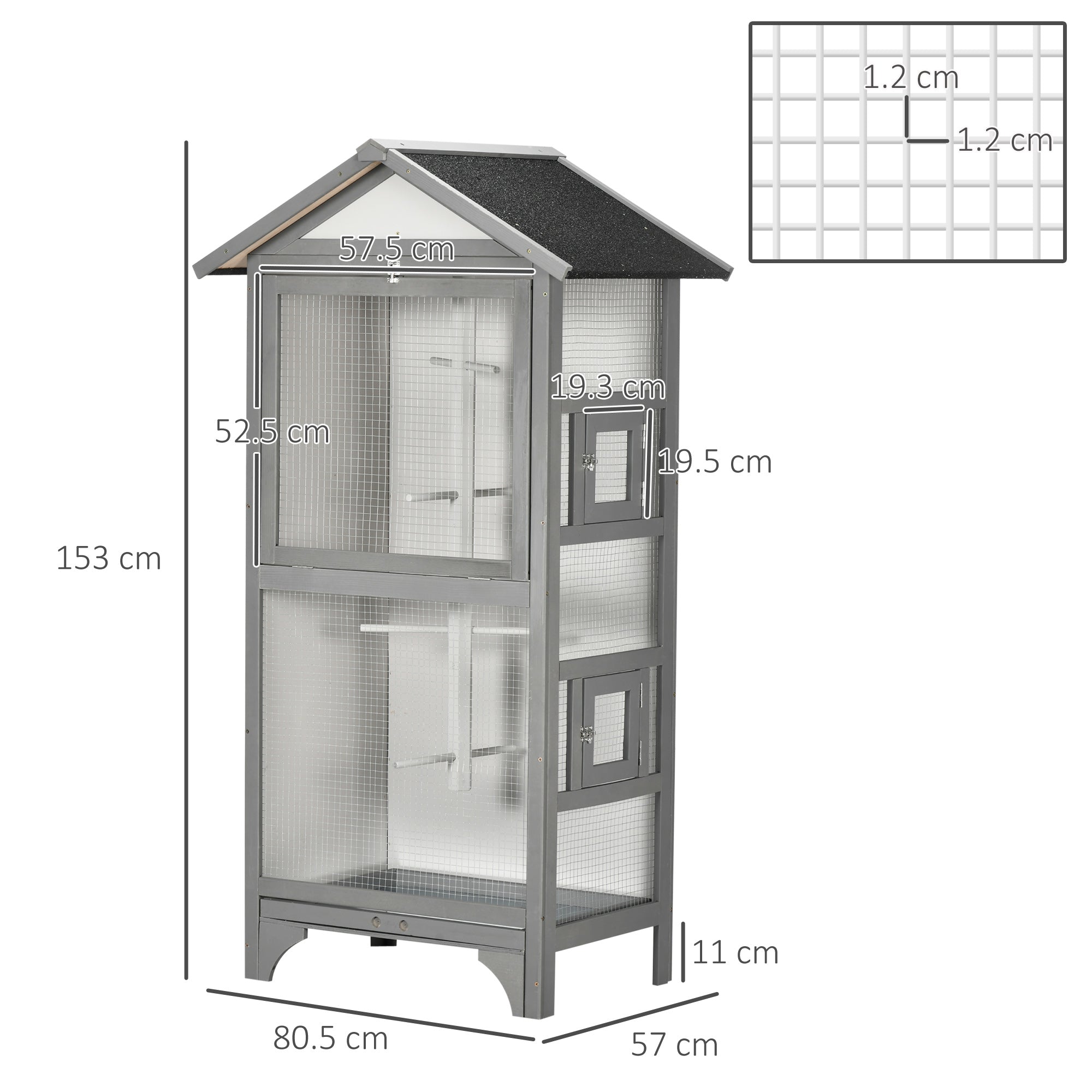 Wooden Outdoor Bird Cage, for Finches and Canaries, with Removable Tray, Asphalt Roof - Grey-2