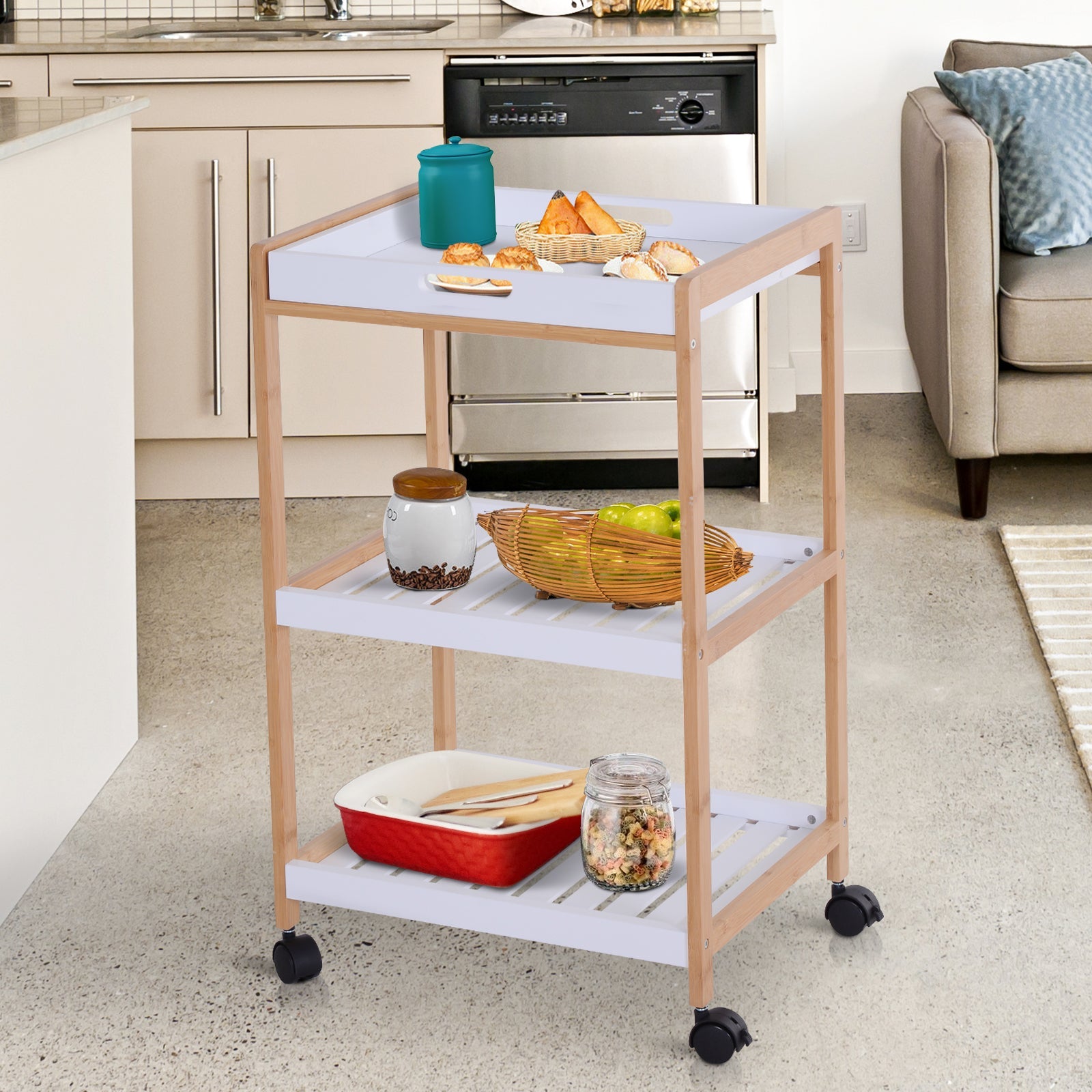 3-Tier Mobile Kitchen Trolley Cart Storage Shelves Rack Rolling Wheels White 46 x 35 x 74.5 cm-1