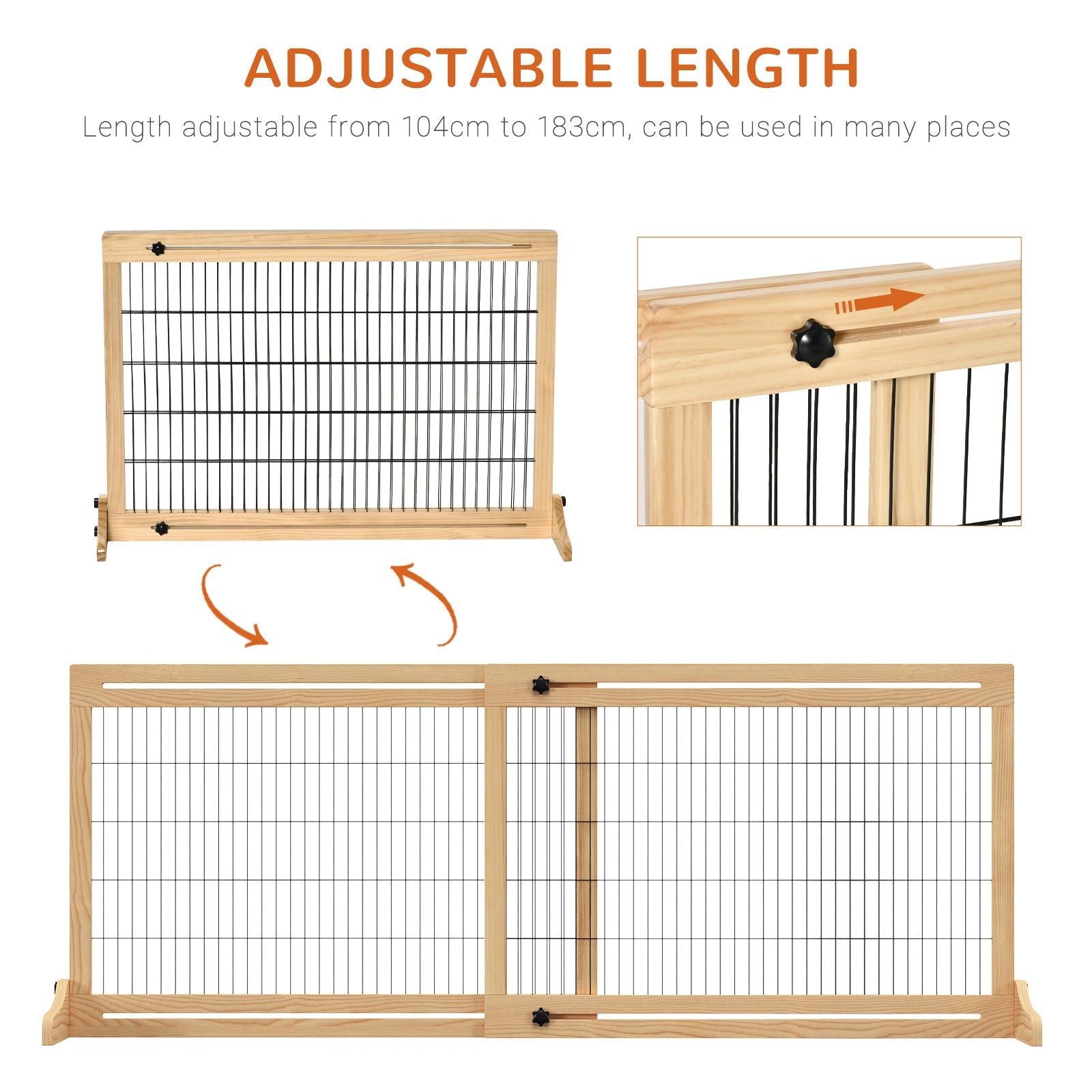 Adjustable Wooden Pet Gate, Freestanding Dog Barrier Fence with 2 Panels for Doorway, Hallway, 69H x 104-183 cm, Natural-3