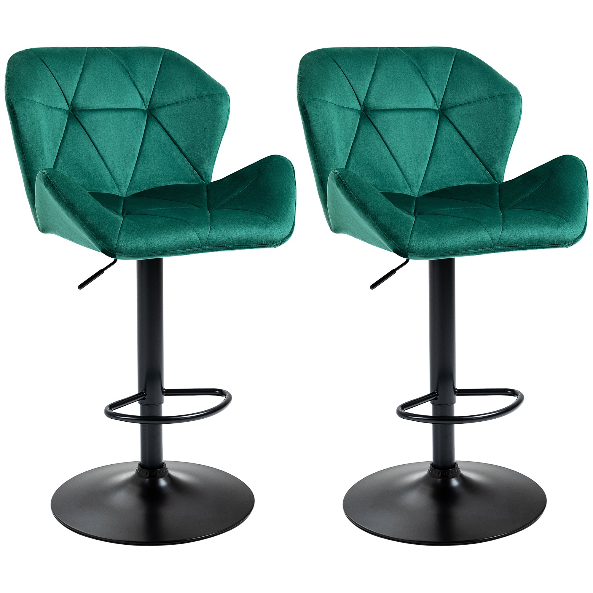 Bar Stools Set Of 2, Luxurious Velvet-Touch Barstools with Metal Frame Footrest Round Base Triangle Indenting Adjustable Height Swivel Green-0